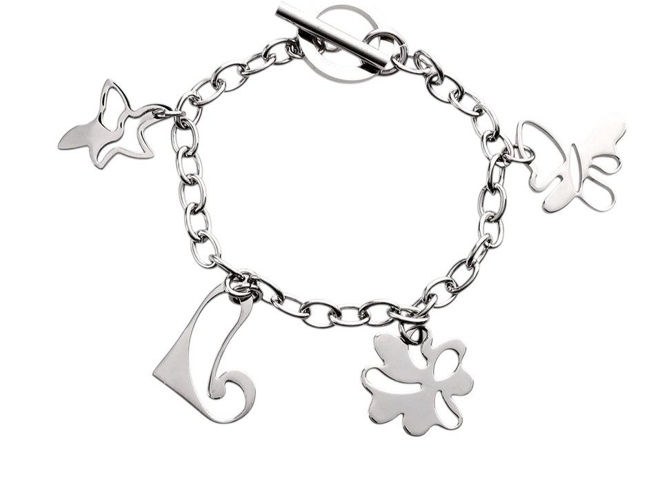 Karisma Edelstahlarmband Damen Bettelarmband Stahl Mit Edelstahl Charms Herz, Blume Schmetterling Herz Palme - SB7756 - 19cm