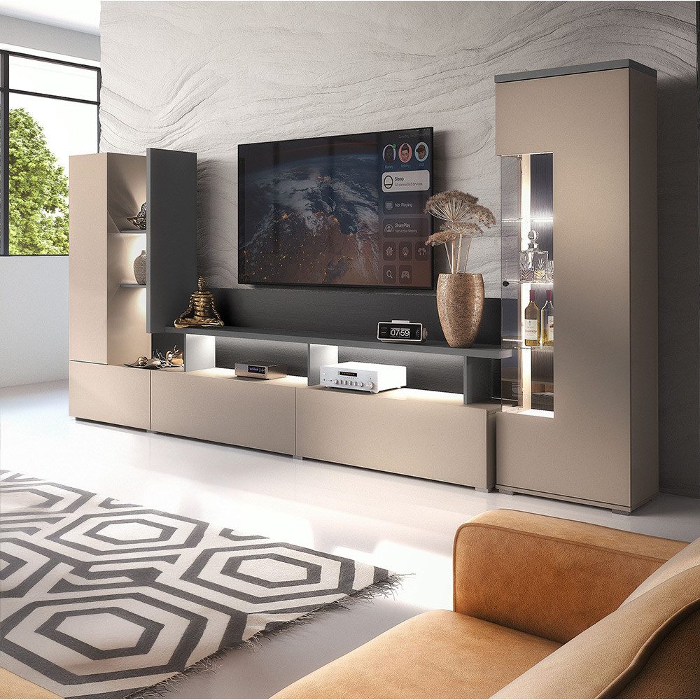 Lomadox Wohnzimmer-Set SELCE-83, (Mega-Spar-Set, 2-St., 2-tlg), beige mit anthrazit inkl. Beleuchtung, griffloses Design