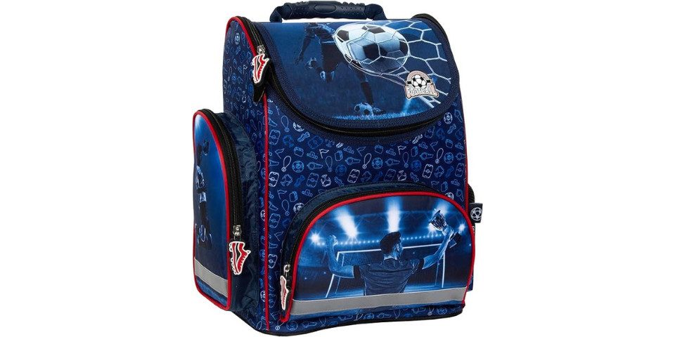 GOLDKIDS Schulranzen für Jungen - Schul-Rucksack für Kinder (mit Federmäppchen - Schuhbeutel, 1-tlg., und Hausaufgabenheft), Fußball Motiv - 1-3 Klasse