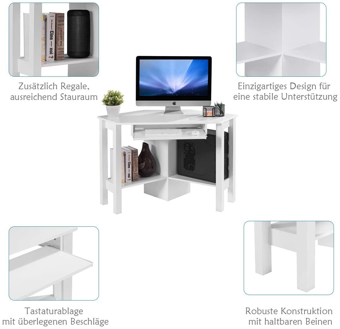 COSTWAY Schreibtisch, mit ausziehbarer Tastaturablage&Ablagen, Weiß 120x60x77cm