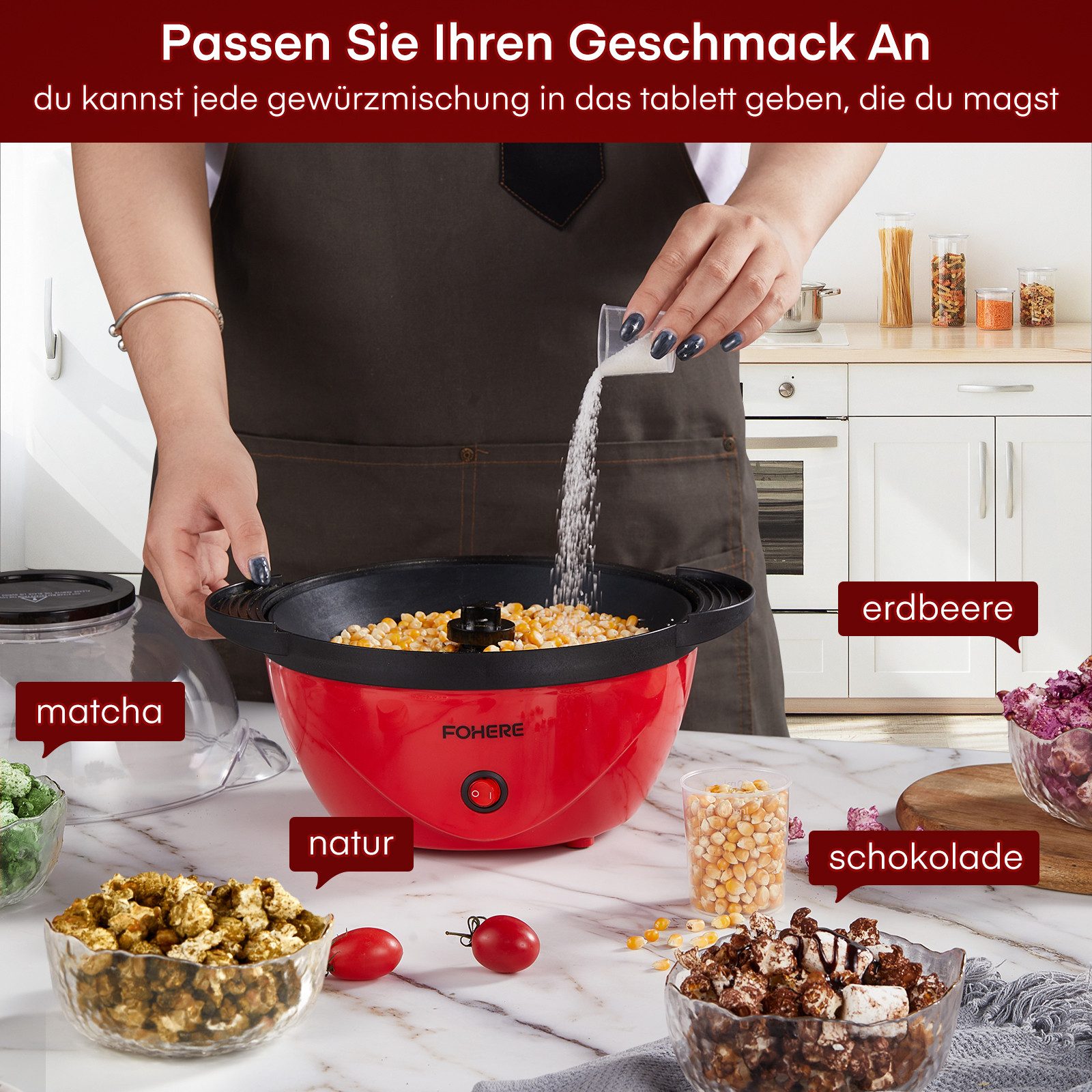 FOHERE Popcornmaschine 3.5L Popcornmaschine, 450W Elektrische Rühr Popcorn Maschine, mit 2 Messbecher, rot