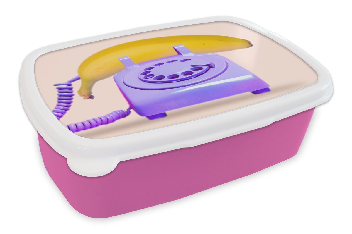(2-tlg), Mädchen, für Telefon Kunststoff, - - MuchoWow - Gelb, Banane rosa Lila Lunchbox Kinder, Brotbox Erwachsene, Brotdose Snackbox, Kunststoff