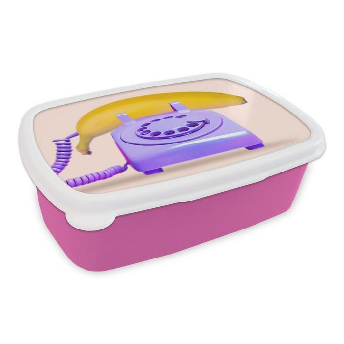 MuchoWow Lunchbox Banane - Telefon - Lila - Gelb Kunststoff (2-tlg) Brotbox für Erwachsene Brotdose Kinder Snackbox Mädchen Kunststoff