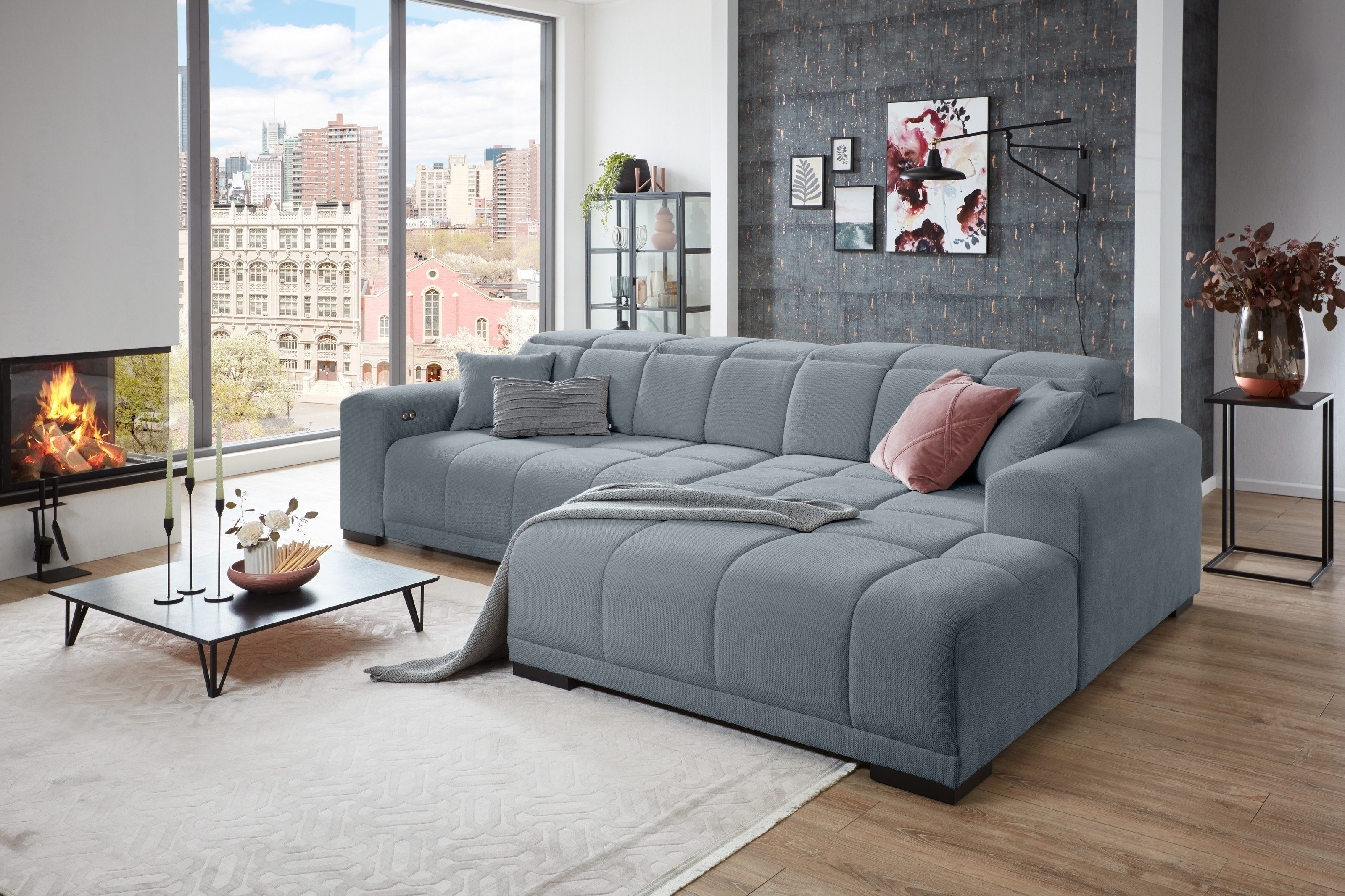 Iwaniccy Wohnlandschaft Kopfteilverstellung, Sitzverstellung, blaugrau - 301x113x195cm (BxHxT)