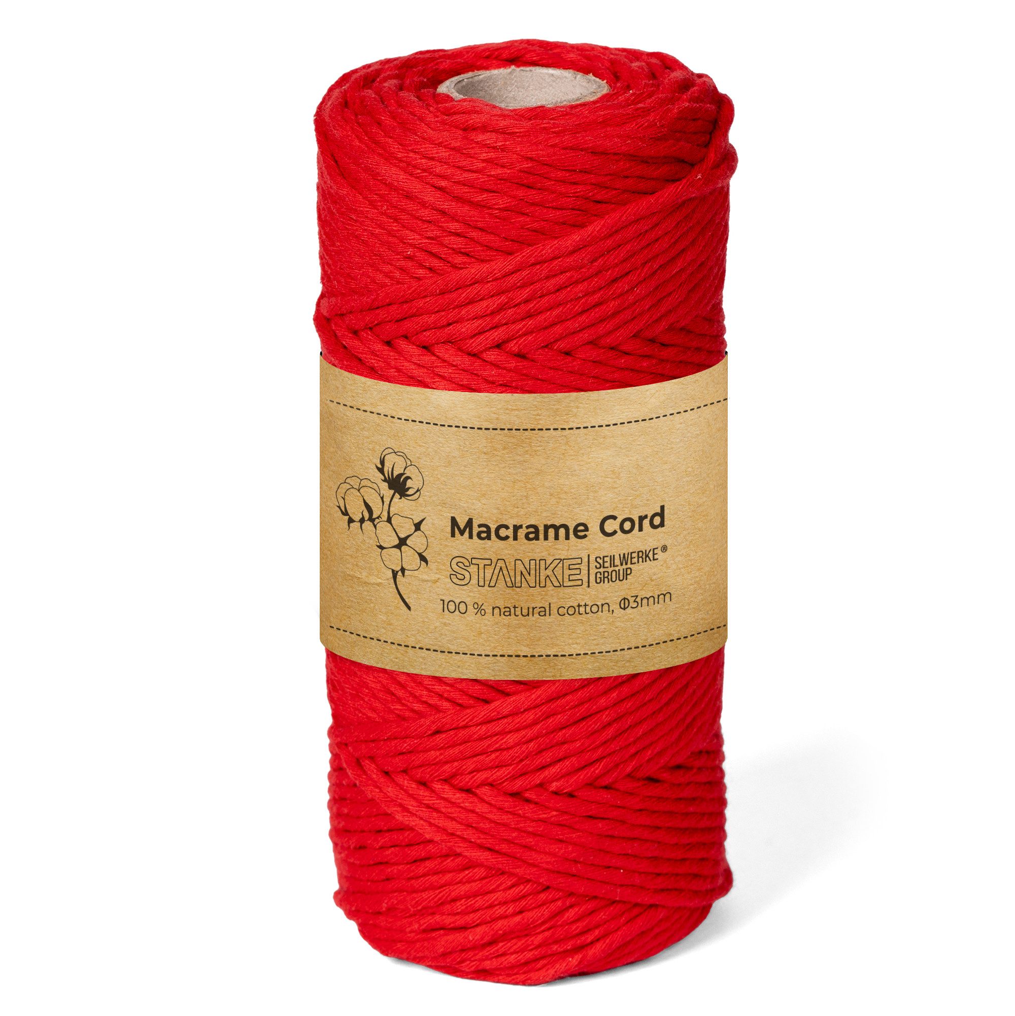 STANKE Makramee Garn 3mm 100 m Farbe Rot - Baumwollgarn für Boho Bastelgarn, 100 m (100m Rolle, 1-St., 100m Rolle), DIY, Körbchen, Traumfänger für Untersetzer, Taschen 100% Baumwolle