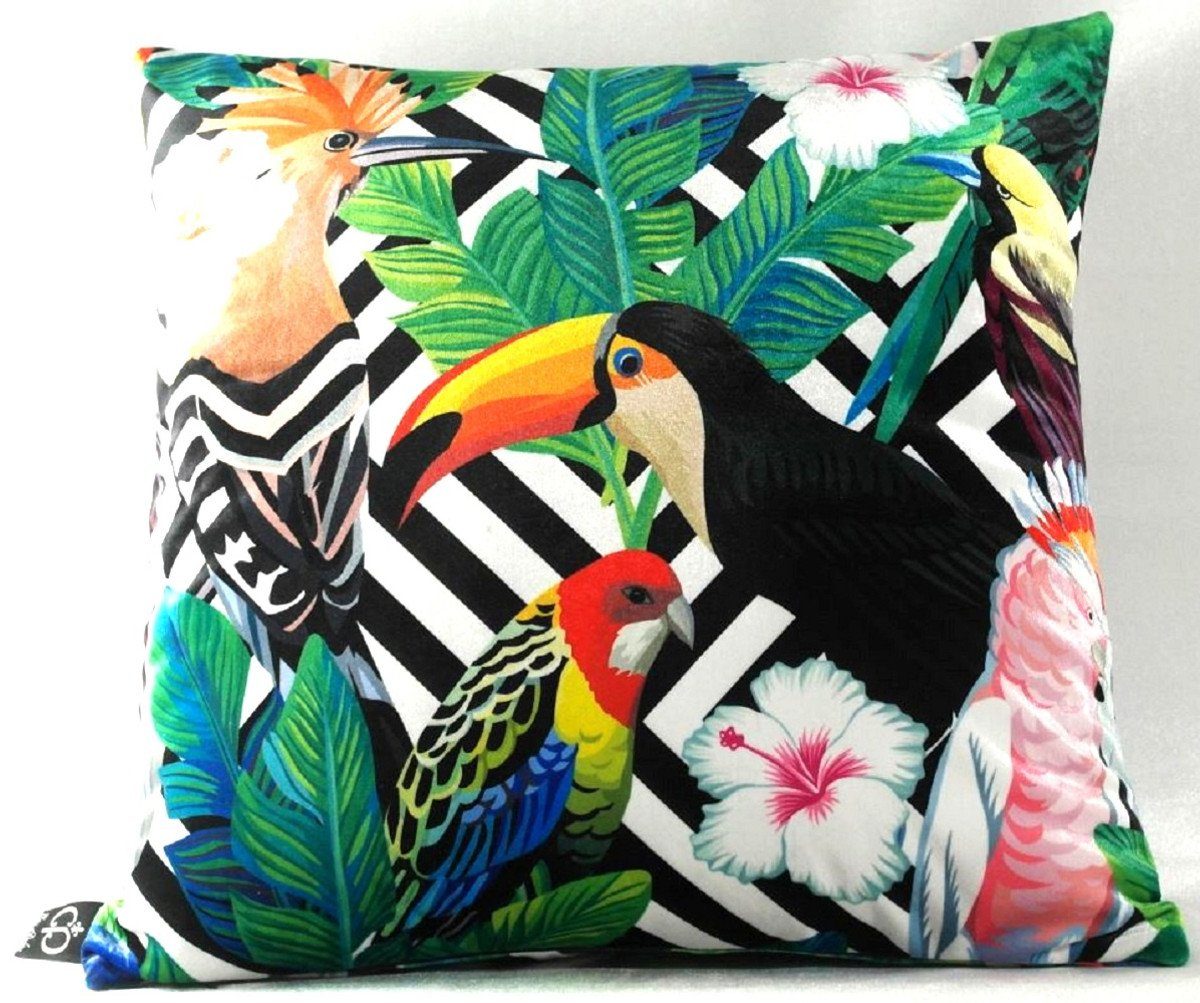 Casa Padrino Dekokissen Luxus Kissen Miami Parrots & Flowers Schwarz / Weiß / Mehrfarbig 45 x 45 cm - Feinster Samtstoff - Wohnzimmer Deko Zierkissen