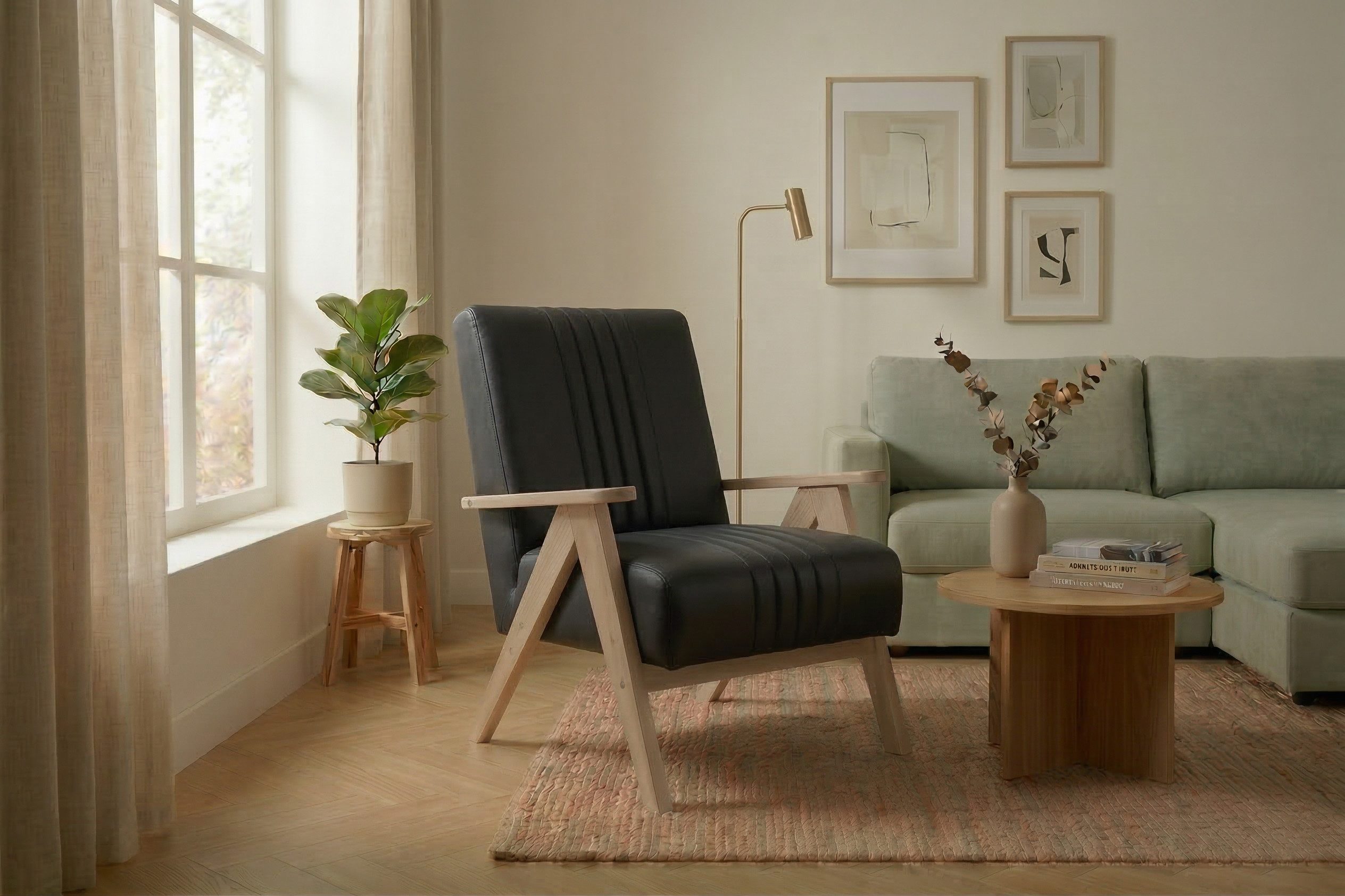 Friderik-EU Sessel ENZO Polstersessel mit Holzgestell Mid-Century Ledersessel Vintage, vertikale Steppungen am Rücken, leichtes Holzgestell