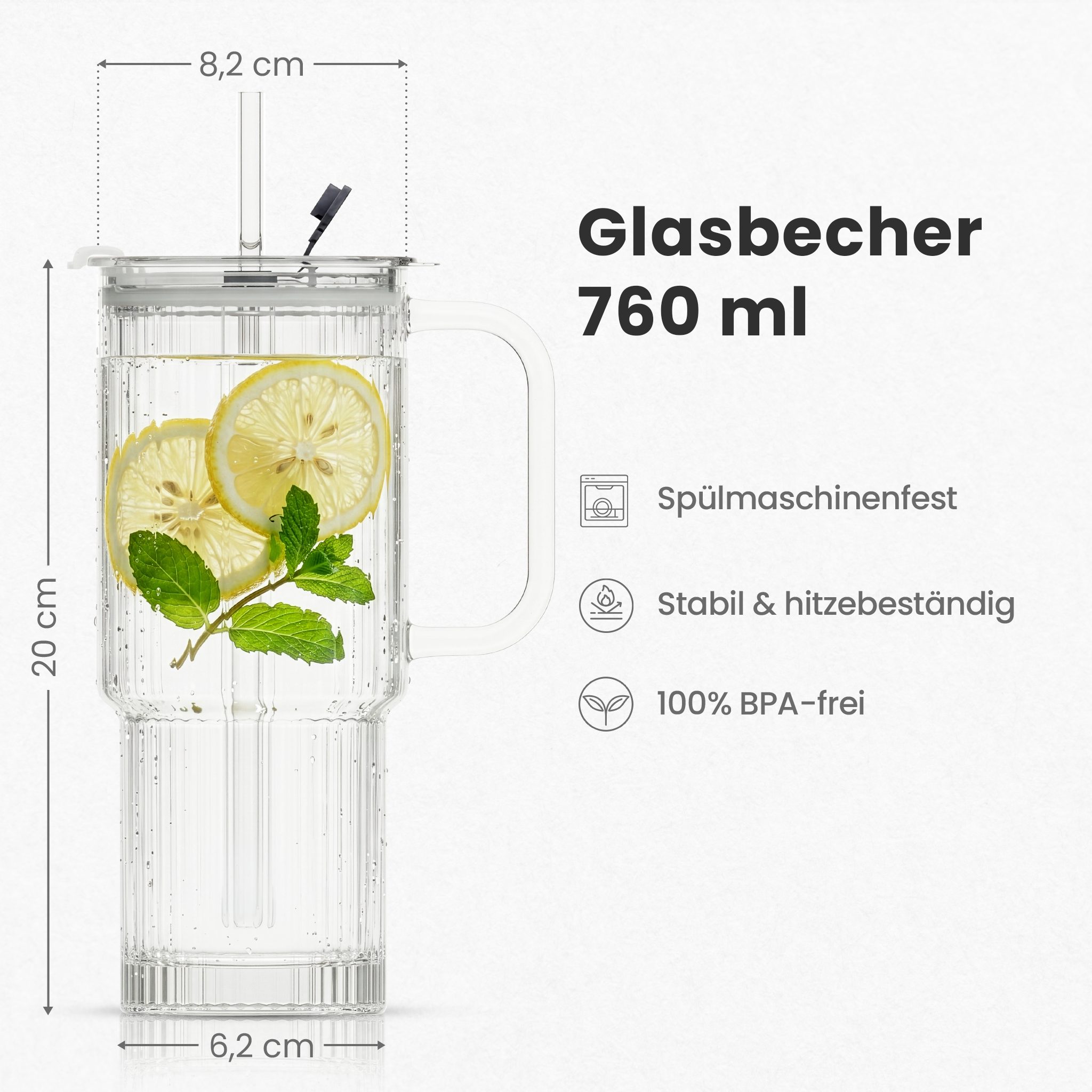 Lemontree Gläser-Set Glasbecher mit Deckel und Strohhalm 2er Set – 760ml Trinkgläser, 2-tlg., Geriffelte Trinkgläser mit Deckel – auslaufsicherer Smoothie Becher