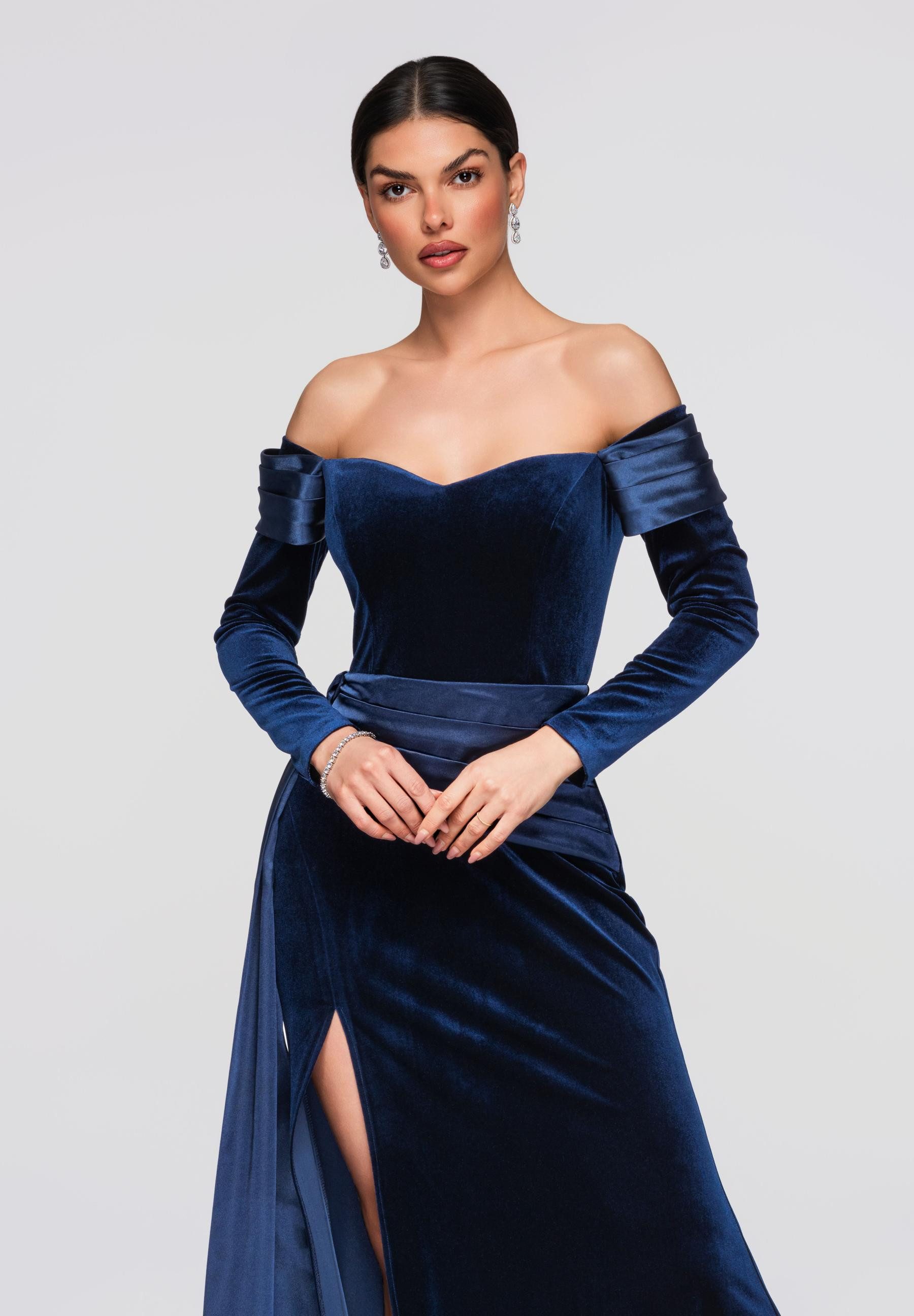 OMBRE Abendkleid Damen Abendkleid elegant mit off-the-shoulder Ausschnitt Navy S (kein Set, 1-tlg) in Unifarbe