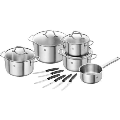 Zwilling Topf-Set Flow/Twin Grip, Edelstahl (Set, 9-tlg., 1x Stieltopf 16 cm, 1x Bratentopf 20 cm, je 1 Kochtopf 16/20/24 cm), Induktion, inkl. 6-teiligem Messer-Set