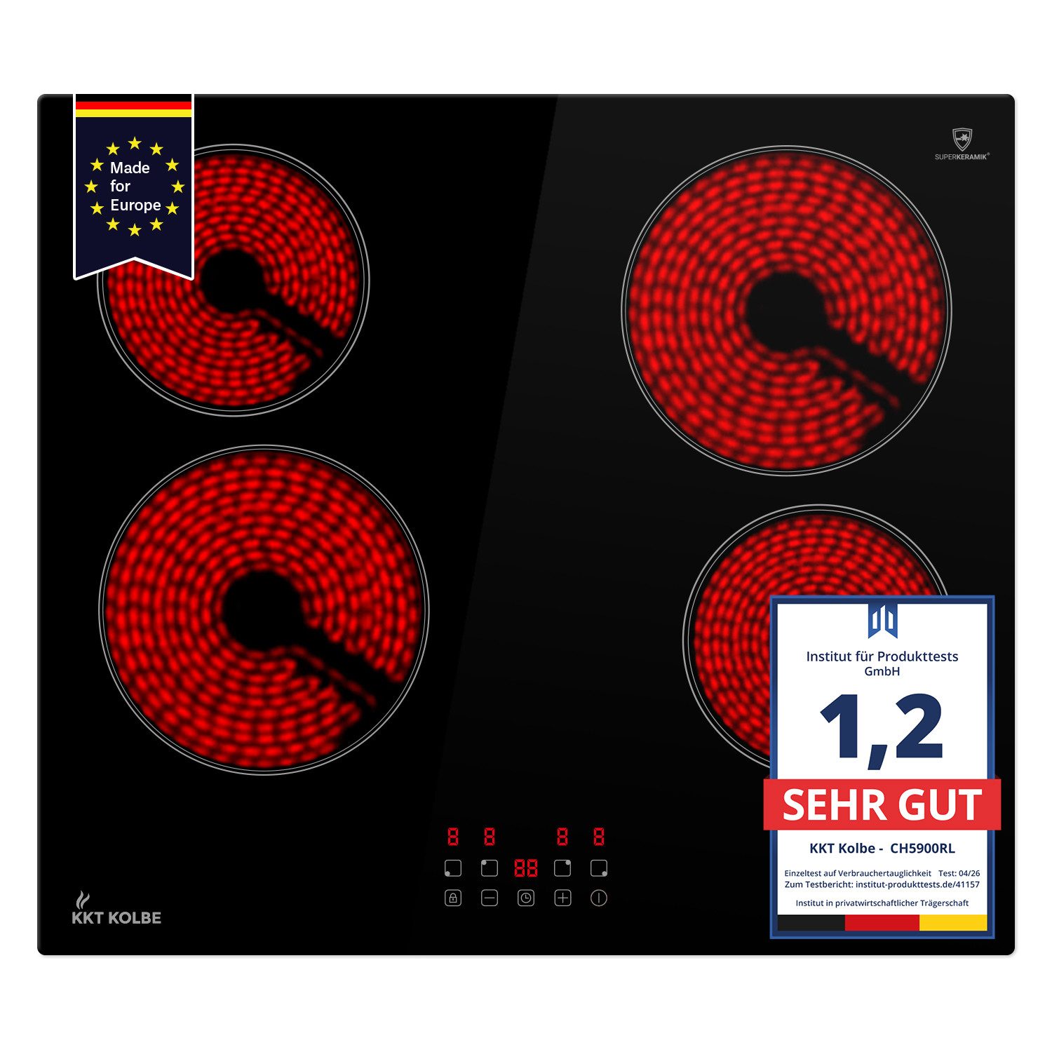 KKT KOLBE Elektro-Kochfeld CH5900RL, 59cm Herdplatte Kochfeld Kochplatte Glaskeramik 4 Zonen Autark Timer