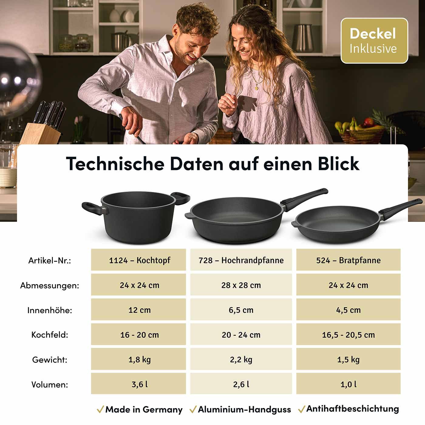 Hoffmann Germany Pfannen-Set Kochgeschirr Bestseller 6-tlg. Ø 24 & 28 cm Deckel – Made in Germany, Aluguss (Set, 6-tlg., 2x Pfanne (24 + 28 cm) + 1x Topf Ø 24 cm + 3x Deckel), abnehmbarer Griff, Antihaft, backofenfest bis 250°C, Induktion