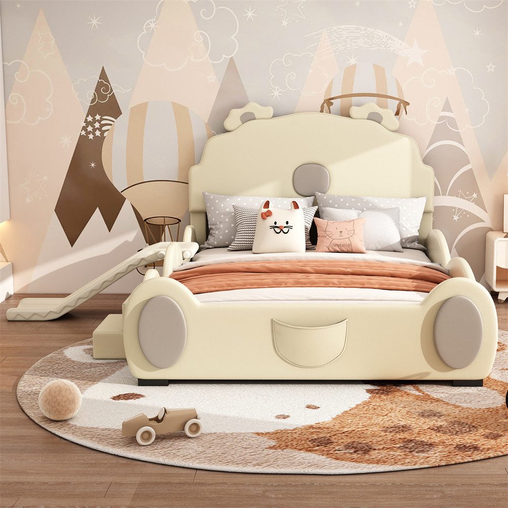 XDeer Polsterbett Cartoon Bett, Kinderbett, Bärenbett, ausgestattet mit Rutsche, und Leiter, PU Material, leicht zu reinigen, niedliche Form