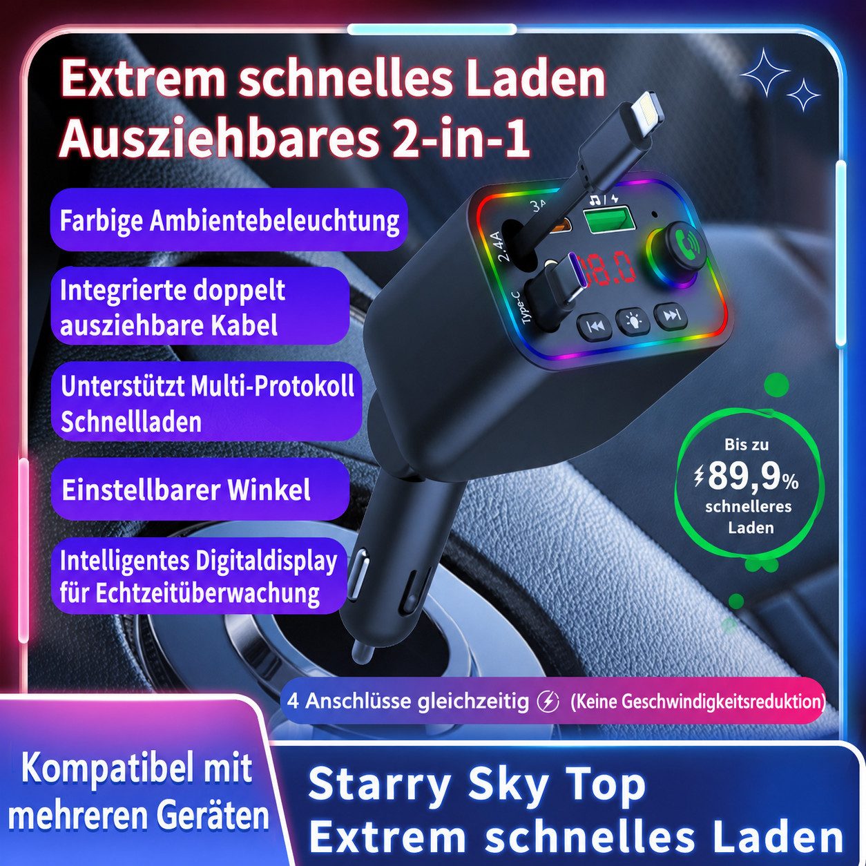 Fyrove Bluetooth-FM-Transmitter für Auto,PD3.0/PP/PPSQC4.0+AFC Schnelllade KFZ-Transmitter Bluetooth FMTransmitter Auto zu mit Dual einziehbaren Kabeln, RGB Ambientebeleuchtung, PD Schnellladen, LED Digitalanzeige, Freisprecheinrichtung,U-Disk & Musik-Streaming