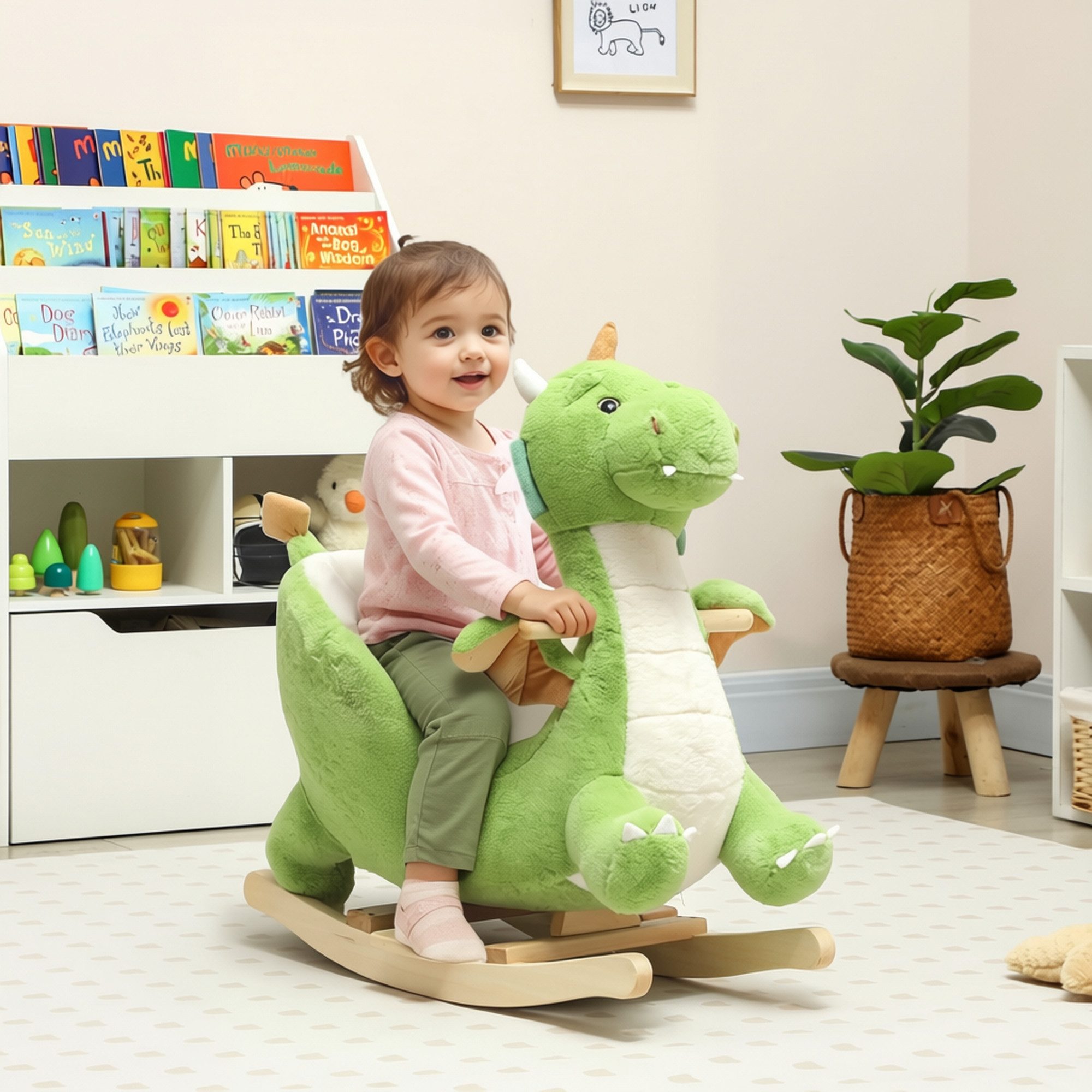 AIYAPLAY Schaukeltier Dinosaurier-Schaukel, interaktive Tiergeräusche, Holzrahmen, Plüsch, (1 tlg), für Kinder 1,5-3 Jahre, max. 25 kg, Grün