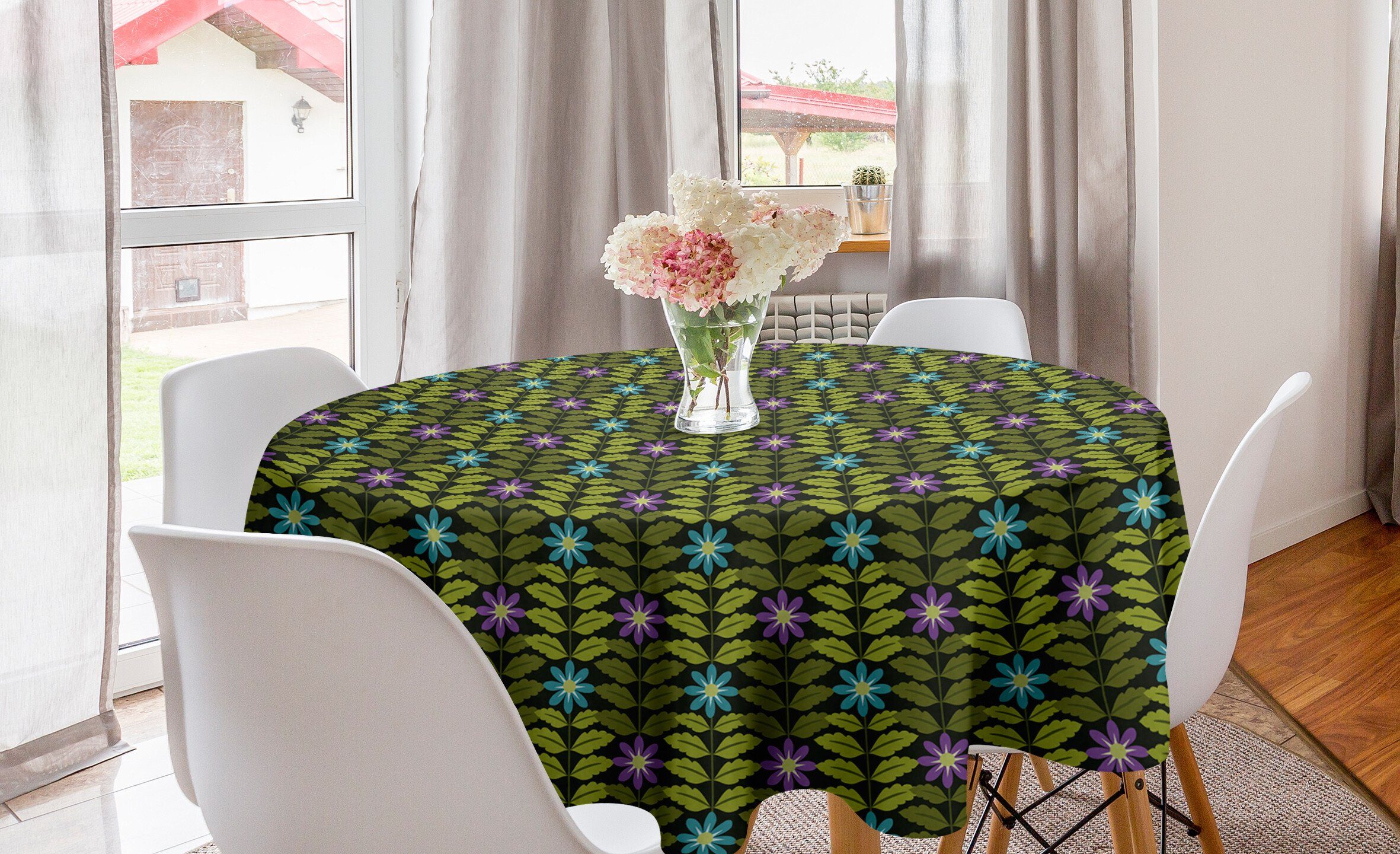 Abakuhaus Tischdecke Kreis Tischdecke Abdeckung für Esszimmer Küche Dekoration, Blumen Blau und lila Blüten