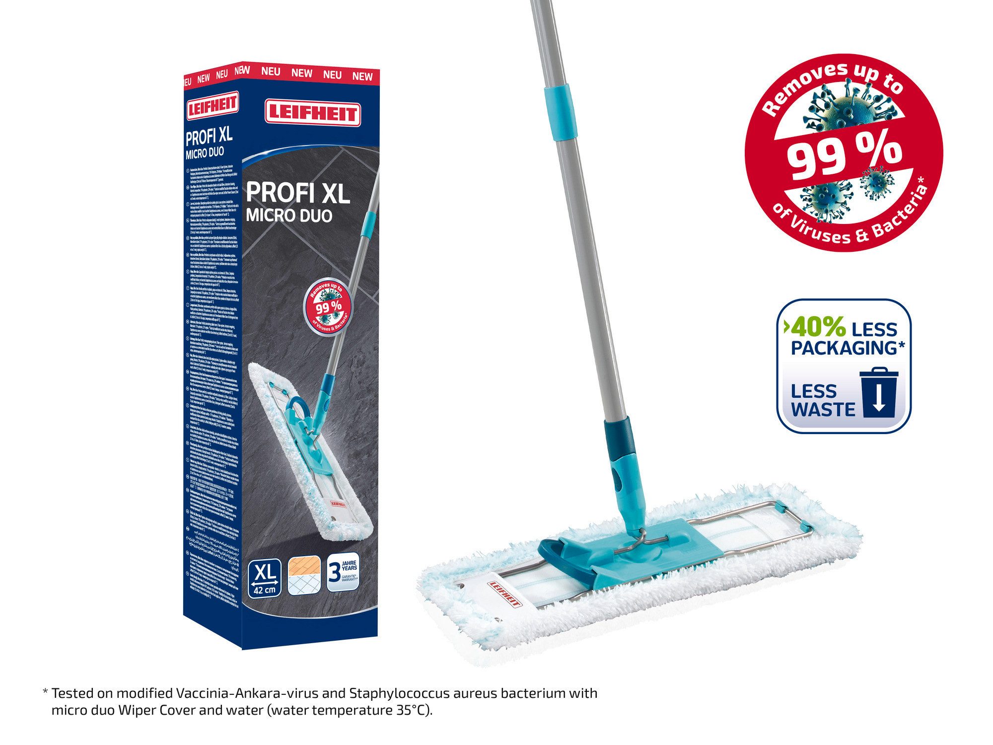 Leifheit Wischmopp Bodenwischer Profi XL micro duo, (3-St), Waschbar bei 60°C, Wischbreite 42cm, Arbeitshöhe 146cm, Microfaser