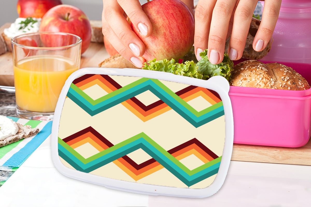 MuchoWow Lunchbox Retro (2-tlg), Design rosa Siebziger Brotdose Erwachsene, Kinder, - Mädchen, Snackbox, für Jahre, Brotbox Kunststoff - - Kunststoff, Streifen