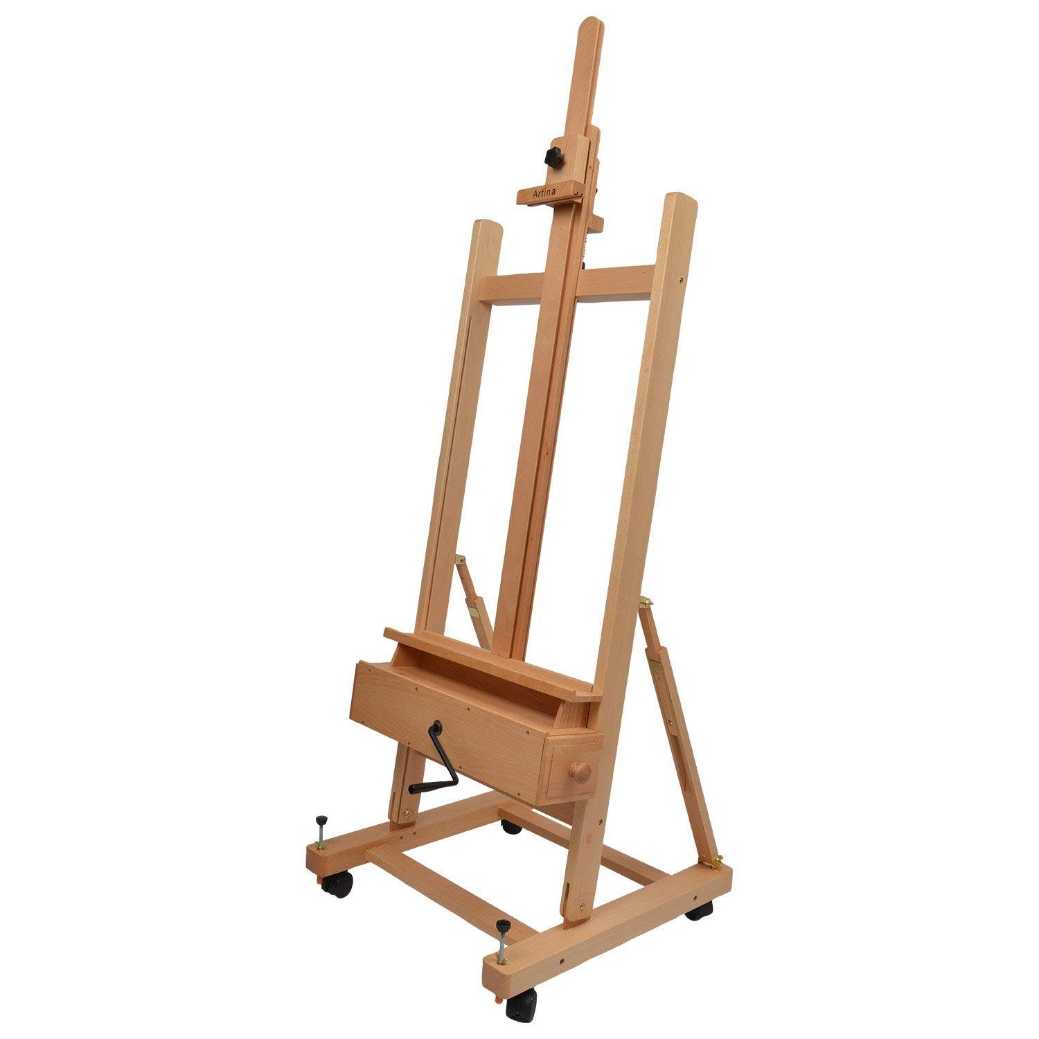 Artina Staffelei Staffelei Holz Profi Atelierstaffelei für Keilrahmen bis 210cm, rollbare Studiostaffelei aus massivem Buchenholz