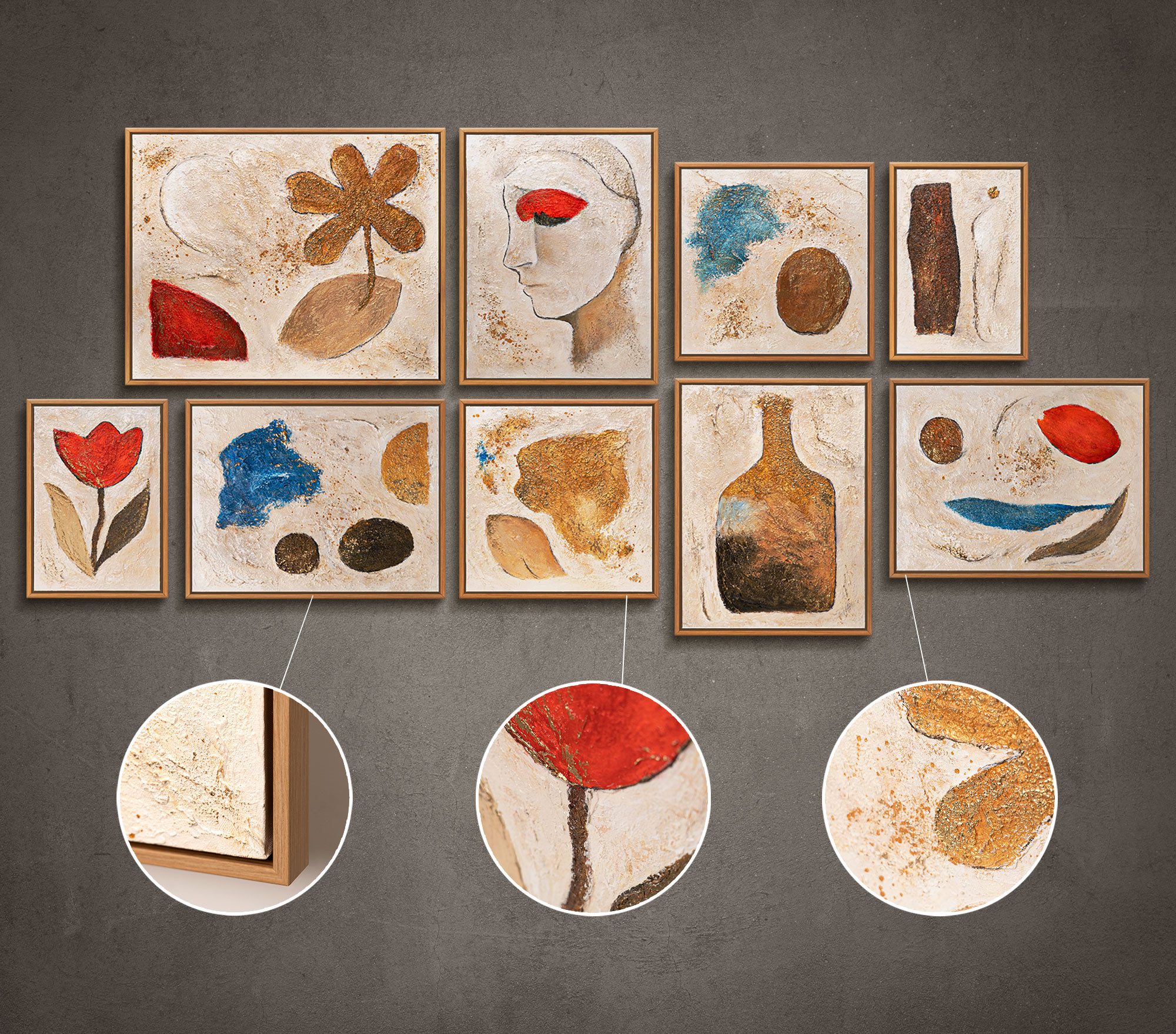 YS-Art Gemälde "Poesie des Tages", Contemporary (Set, 9 St), Modernes Wandbilder Set aus deutscher Kunstwerkstatt – abstrakte Kunst