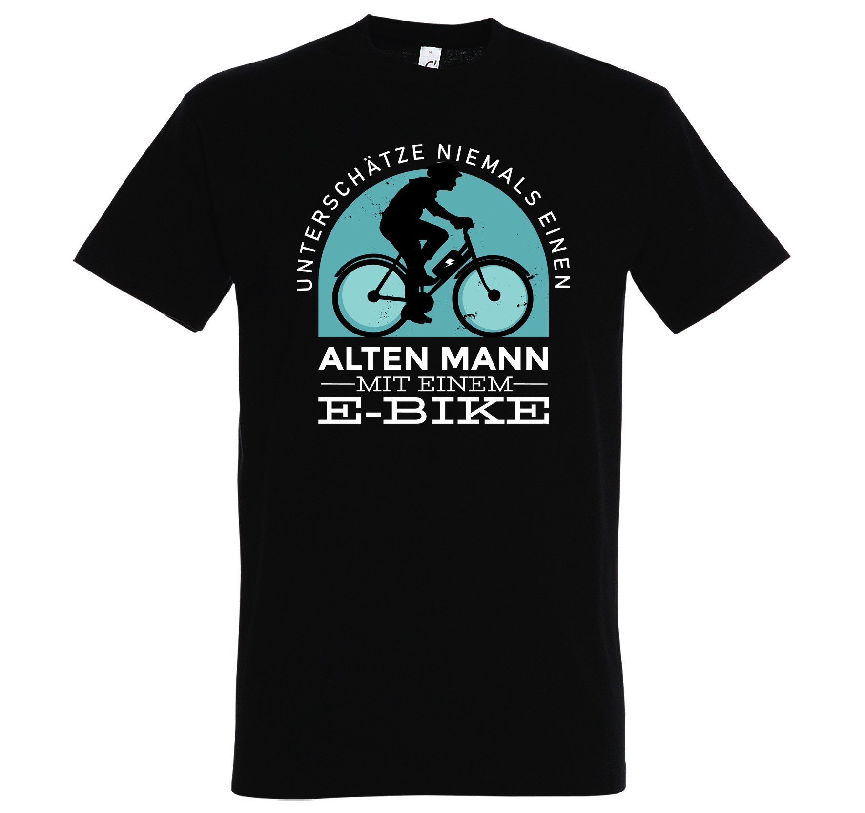 Youth Designz T-Shirt Alter Mann mit E-Bike Herren Shirt mit lustigem Fahrrad Frontprint Schwarz