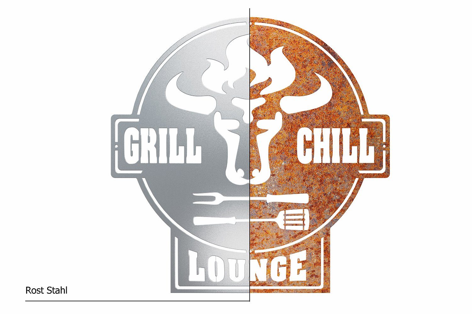 teileplus24 Wanddekoobjekt CG01 Gartenschild Grill Metallschild Grill Chill Lounge Schild BBQ Lounge Edelrost & BBQ