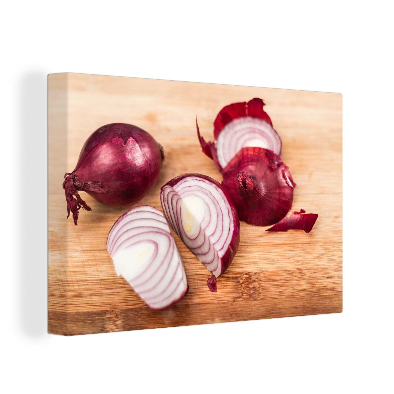 OneMillionCanvasses® Leinwandbild Foto von in Scheiben geschnittenen roten Zwiebeln auf einem, (1 St), Wandbild Leinwandbilder, Aufhängefertig, Wanddeko, 30x20 cm