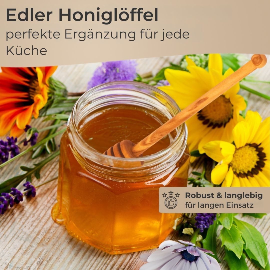 Topanbieter999 Servierlöffel Honiglöffel Olivenholz 16 cm, Hergestellt in der EU, Geschmackneutral & hygienisch, Tropffreies Portionieren von Honig