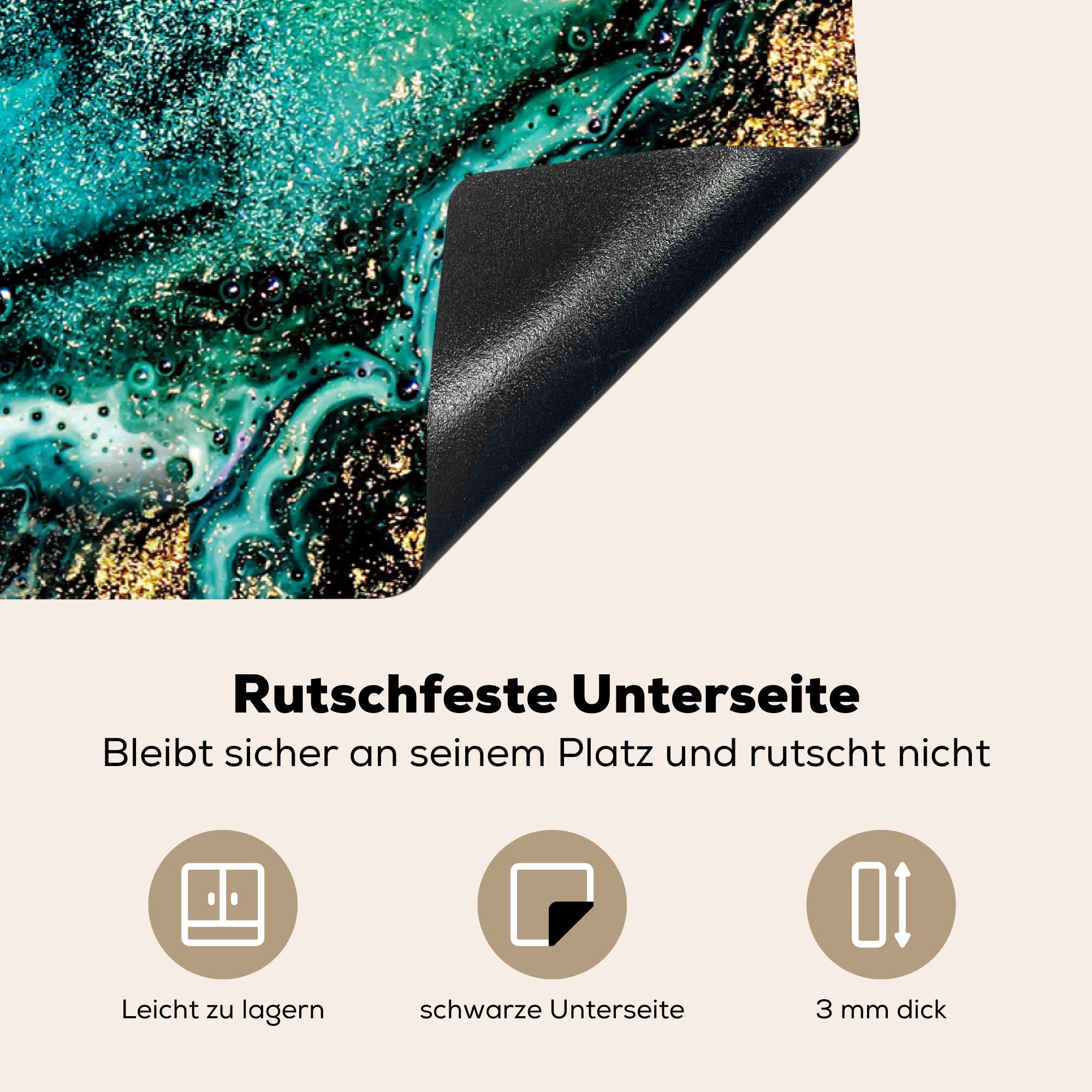 cm, Vinyl, MuchoWow Marmoroptik (1 Glitzer Herdblende-/Abdeckplatte - küche, Luxus Schutz - Induktionskochfeld - Blau tlg), Ceranfeldabdeckung - für Marmor, die Gold 81x52 -