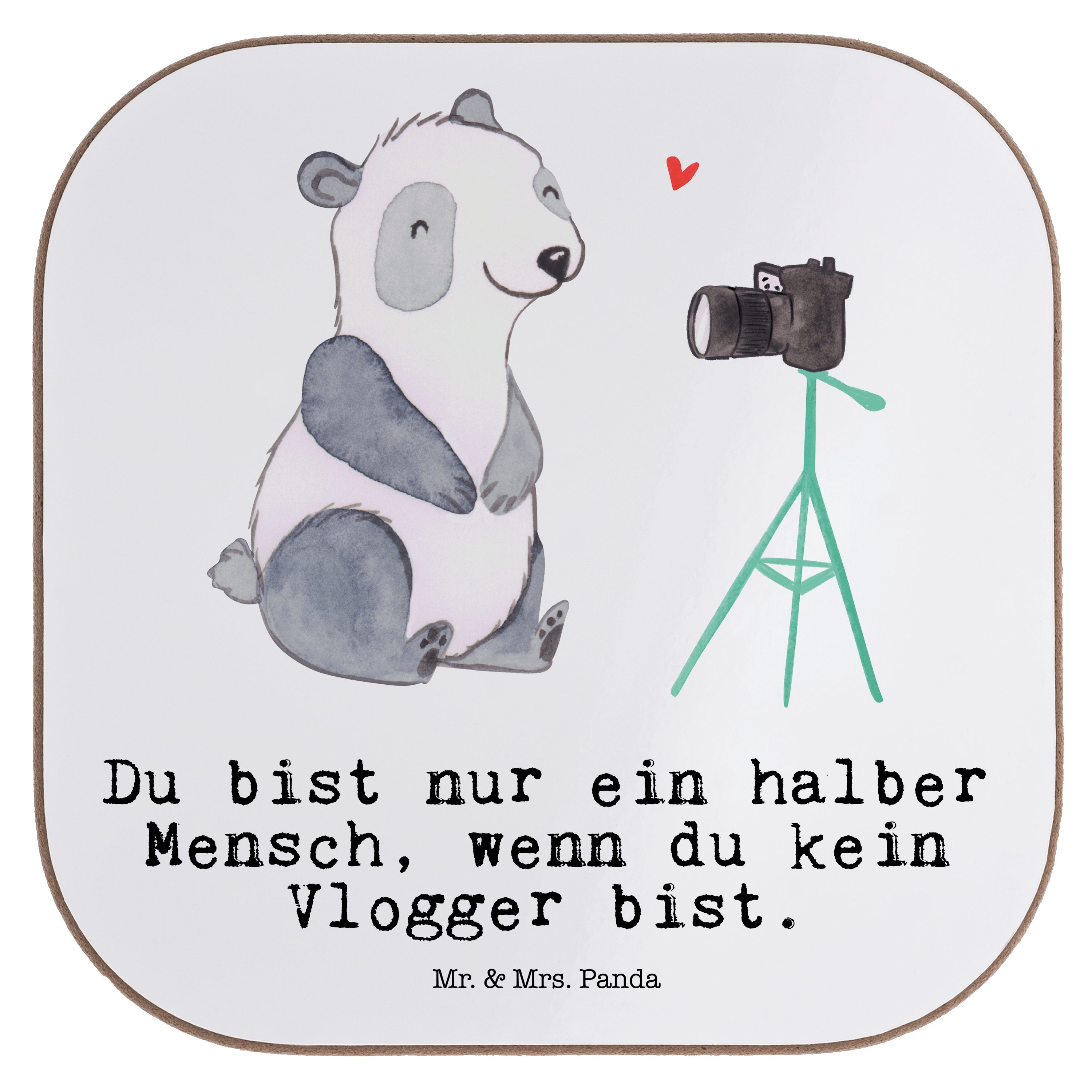 Mr. & Mrs. Panda Getränkeuntersetzer Vlogger mit Herz - Weiß - Geschenk, Dankeschön, Arbeitskollege, Unter, 1-tlg.