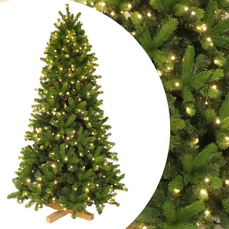 Vankel Künstlicher Weihnachtsbaum Tannenbaum mit LED-Lichter, PE Christbaum, 150cm mit 700 PE+PVC Spitzen und Holzständer, 250 warme LED-Lichter und Lichtmodi