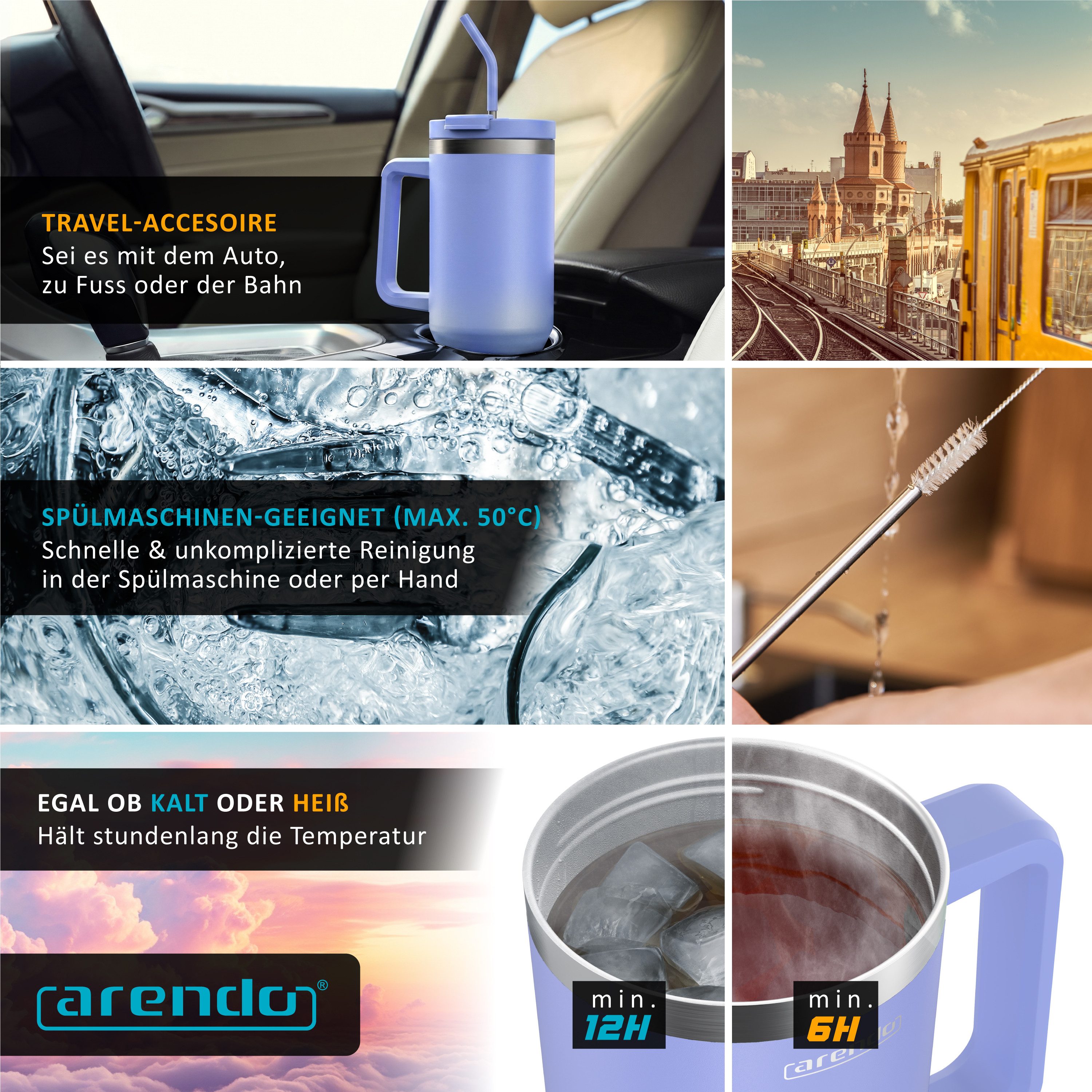 Arendo Thermobecher Tumbler 1200 ml, Becher mit Deckel, Henkel und Strohhalm, Thermal Mug, 1-tlg., Edelstahl, kohlensäuregeeignet, auslaufsicher, doppelwandig,  – Bild 4 von 5
