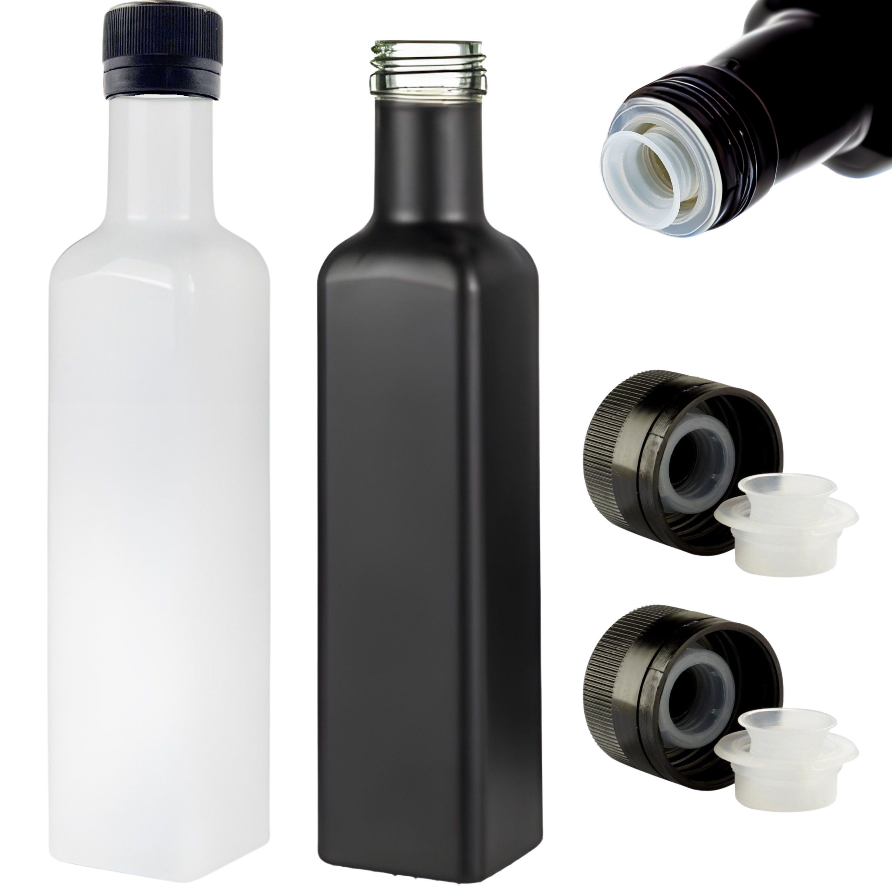 Ölspender 2x Ölflasche 250 ml Glasflasche weiß / schwarz mit Ausgießer