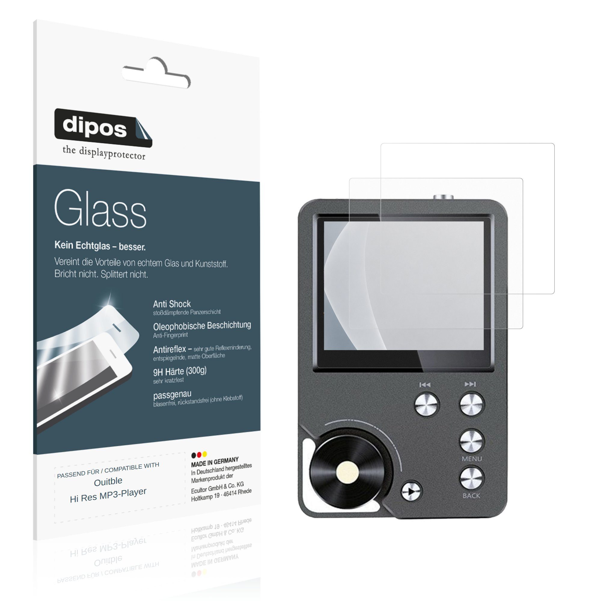 dipos Displayschutzfolie Schutzfolie für Ouitble Hi Res MP3-Player, 2 Stück, Displayschutz Schutz Folie Made in Germany