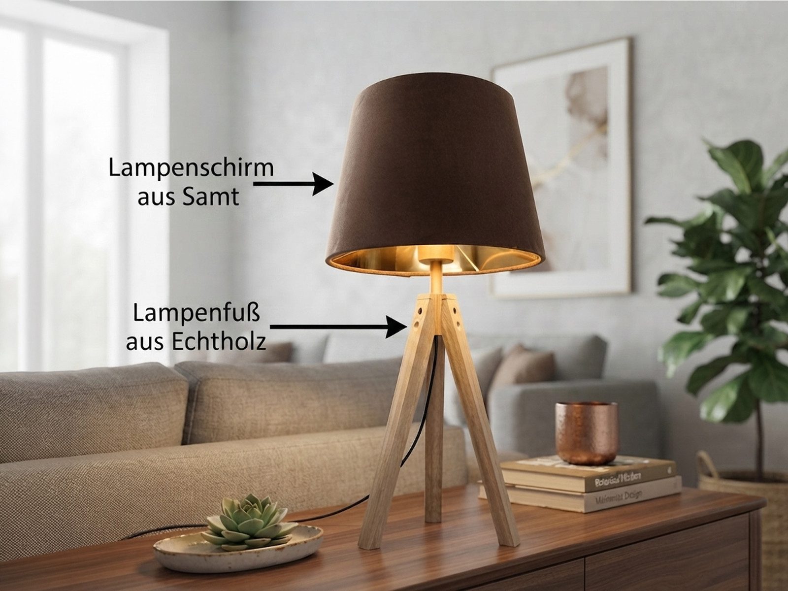 meineWunschleuchte Tischleuchte mit Holz & Samt Lampenschirm, Höhe 55cm, ohne Leuchtmittel, große Tischlampe skandinavisch, Beistelllampe mit E27 Stoffschirm – Bild 4 von 5