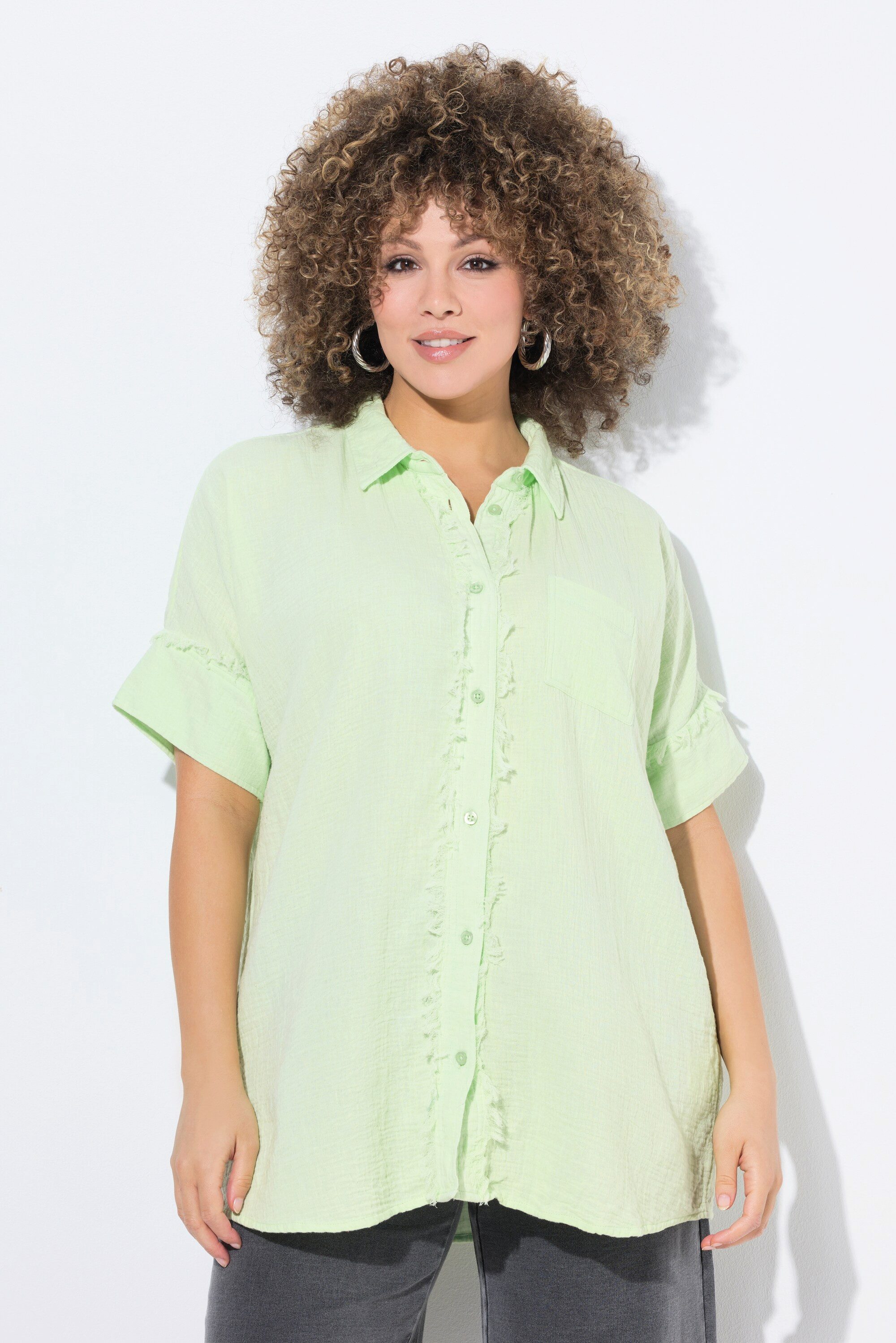 Ulla Popken Longbluse Musselin-Bluse Oversized Fransen Hemdkragen günstig online kaufen
