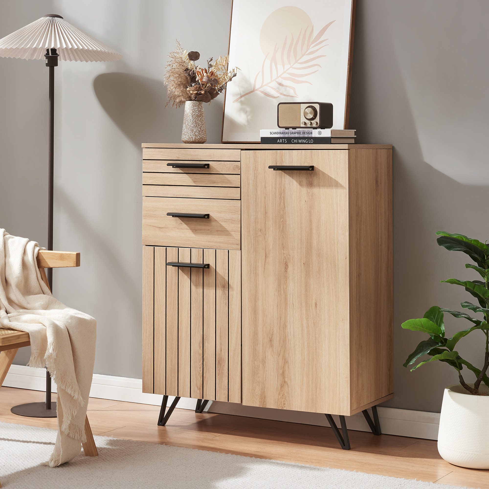 en.casa Sideboard, »Noppen« mit 2 Türen und 2 Schubladen 100x80x38cm Eicheo günstig online kaufen