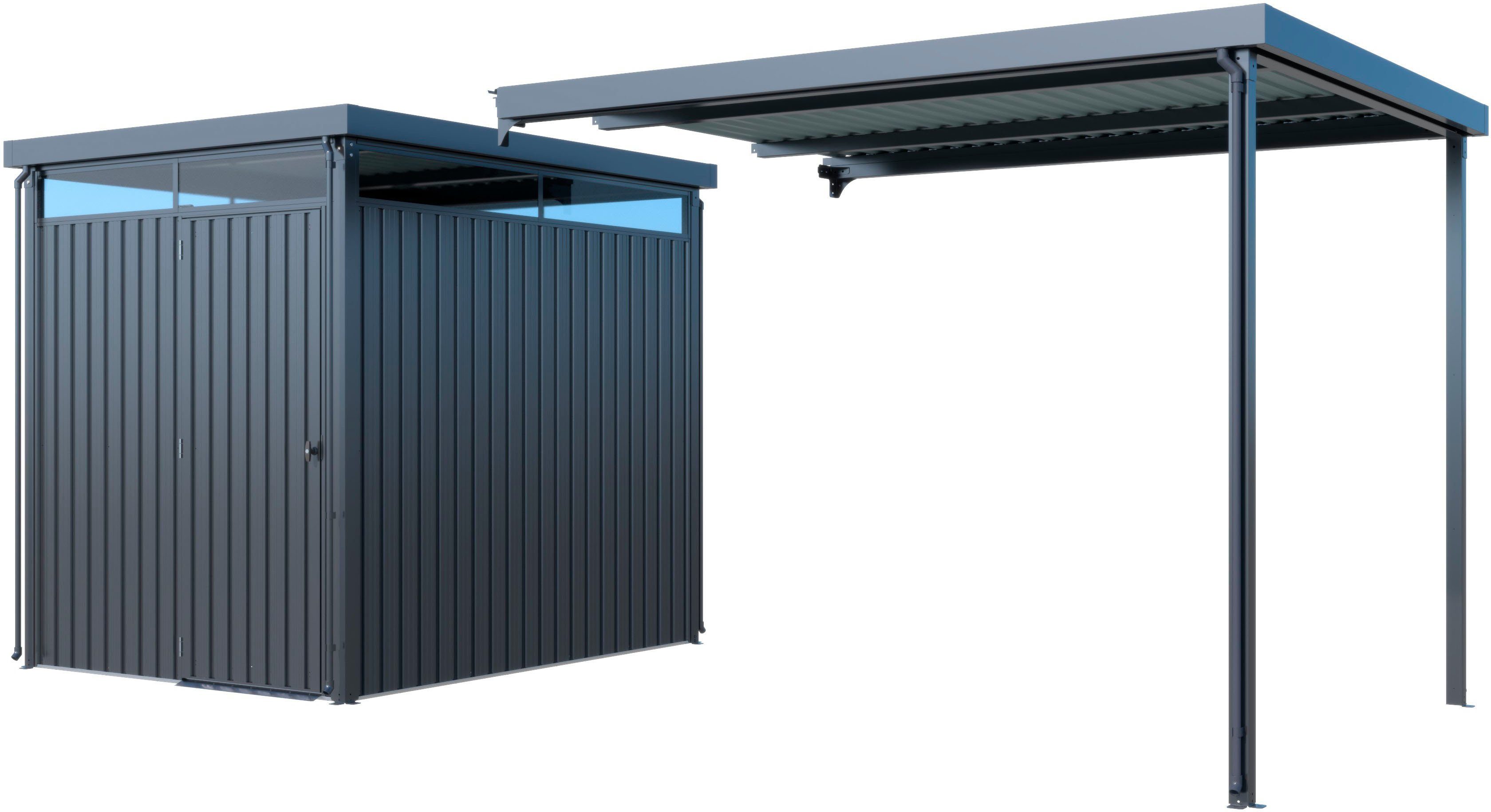 KONIFERA Gerätehaus Gartenhaus Stefano mini, BxT: 403x245 cm, (Set), Stahl, mit seitlichem Anbau