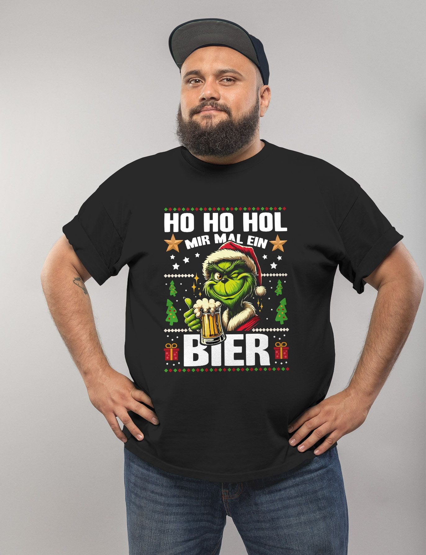 MoonWorks Print-Shirt Herren T-Shirt Weihnachten Grinch Ho Ho Hol mir ein Bier Spruch mit Print