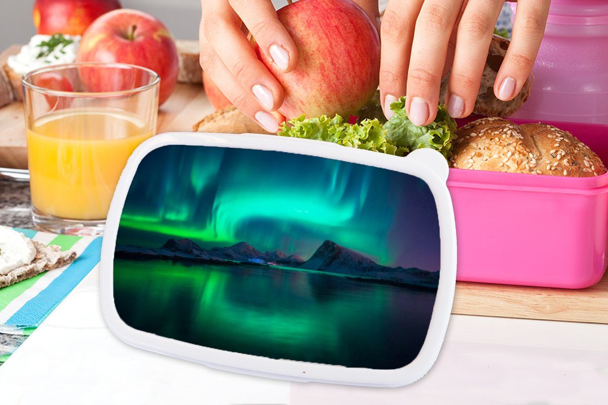 MuchoWow Lunchbox Nordlichter - Snackbox, Brotdose Kunststoff für Norwegen, Kunststoff, (2-tlg), Kinder, Erwachsene, Berge Brotbox rosa - Mädchen