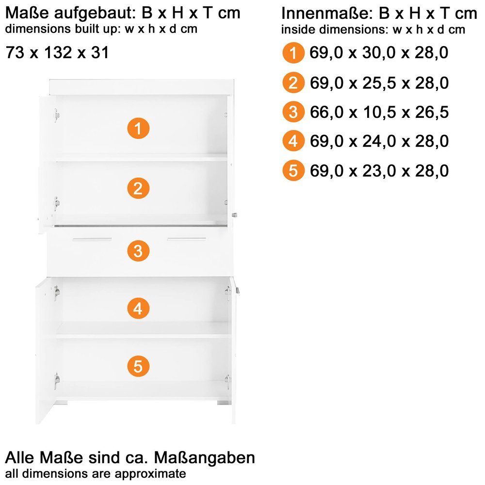 Lomadox Hochschrank ALTENA-19 Mehrzweckschrank in B/H/T: cm Hochglanz, 73/130/31 ca. Weiß