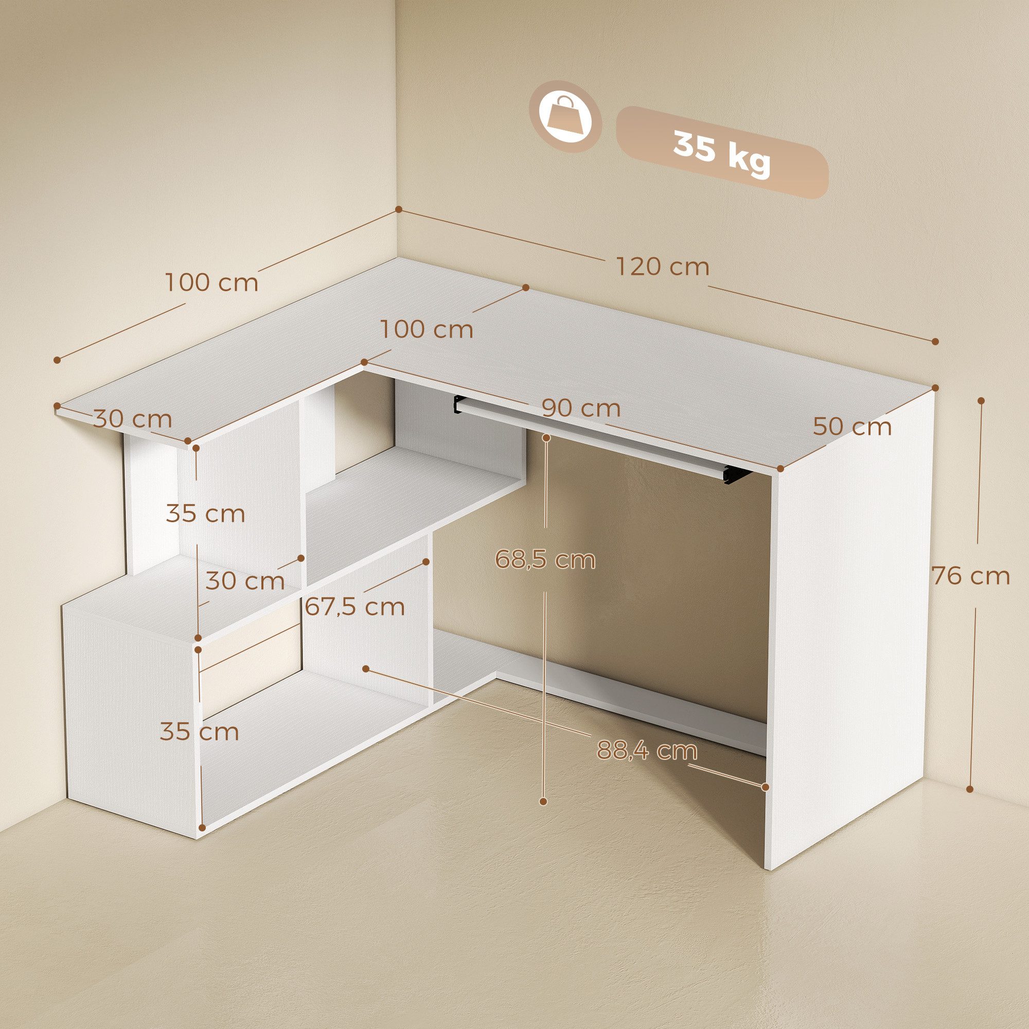 HOMCOM Eckschreibtisch Computertisch für das Home Office (Set, 1-St., 1 Tisch), L-Form, Tastaturauszug, 4 Ablagen
