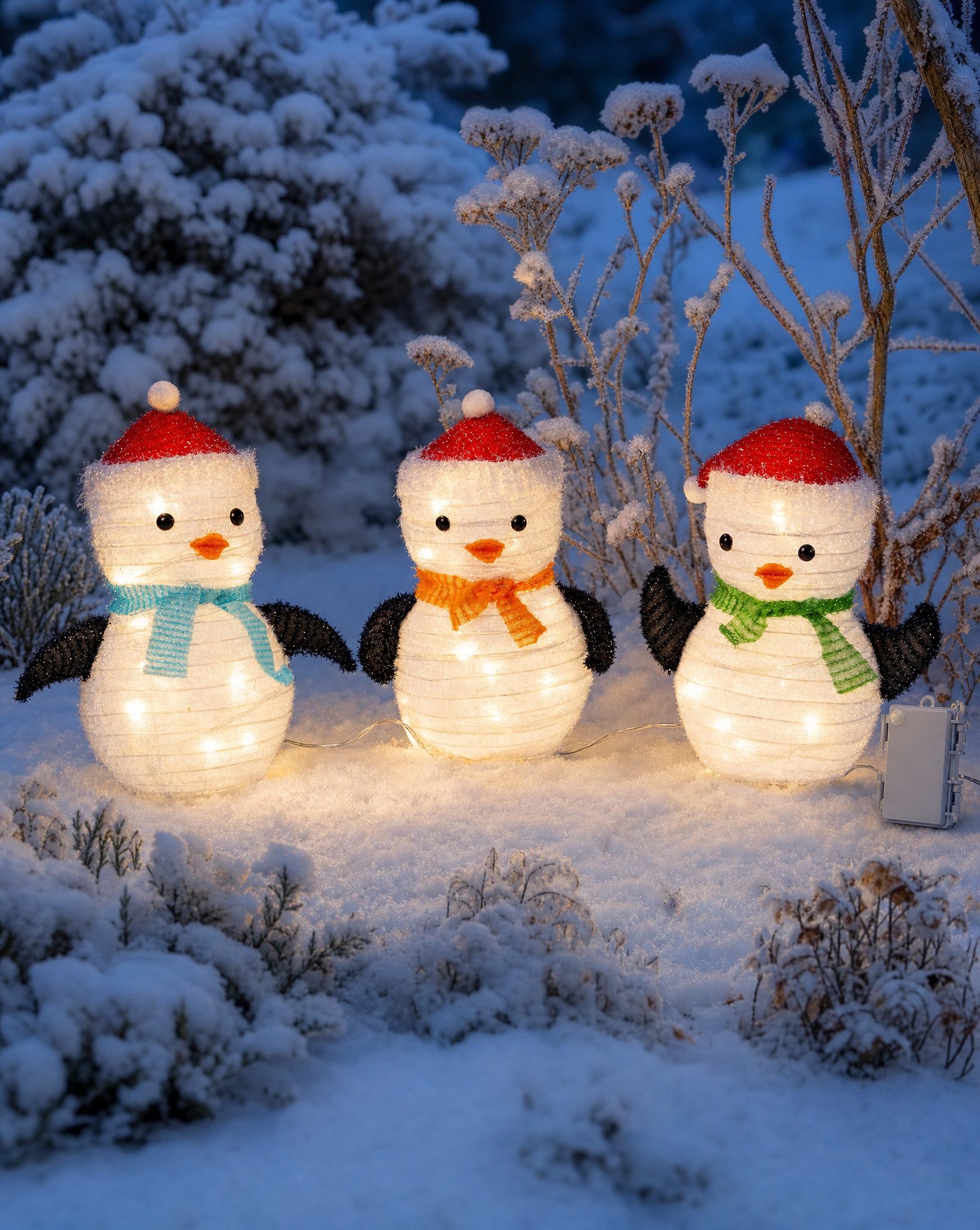 Northpoint Weihnachtsfigur LED Weihnachtsfiguren mit integriertem Timer 3er Set Pinguin, zusammenfaltbar für Innen und Außen Gartendekoration Winterdekoration