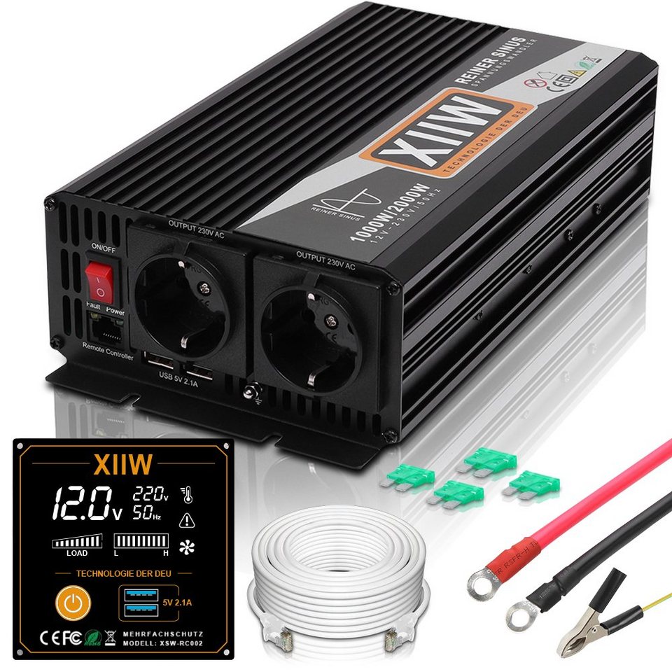 XIIW Spannungswandler 1000-6000W Spannungswandler Reine Sinuswelle  Wechselrichter Inverter, 2/4 USB(2.1A),2 Steckdosen,12V auf 230V,für  Auto,Wohnmobil