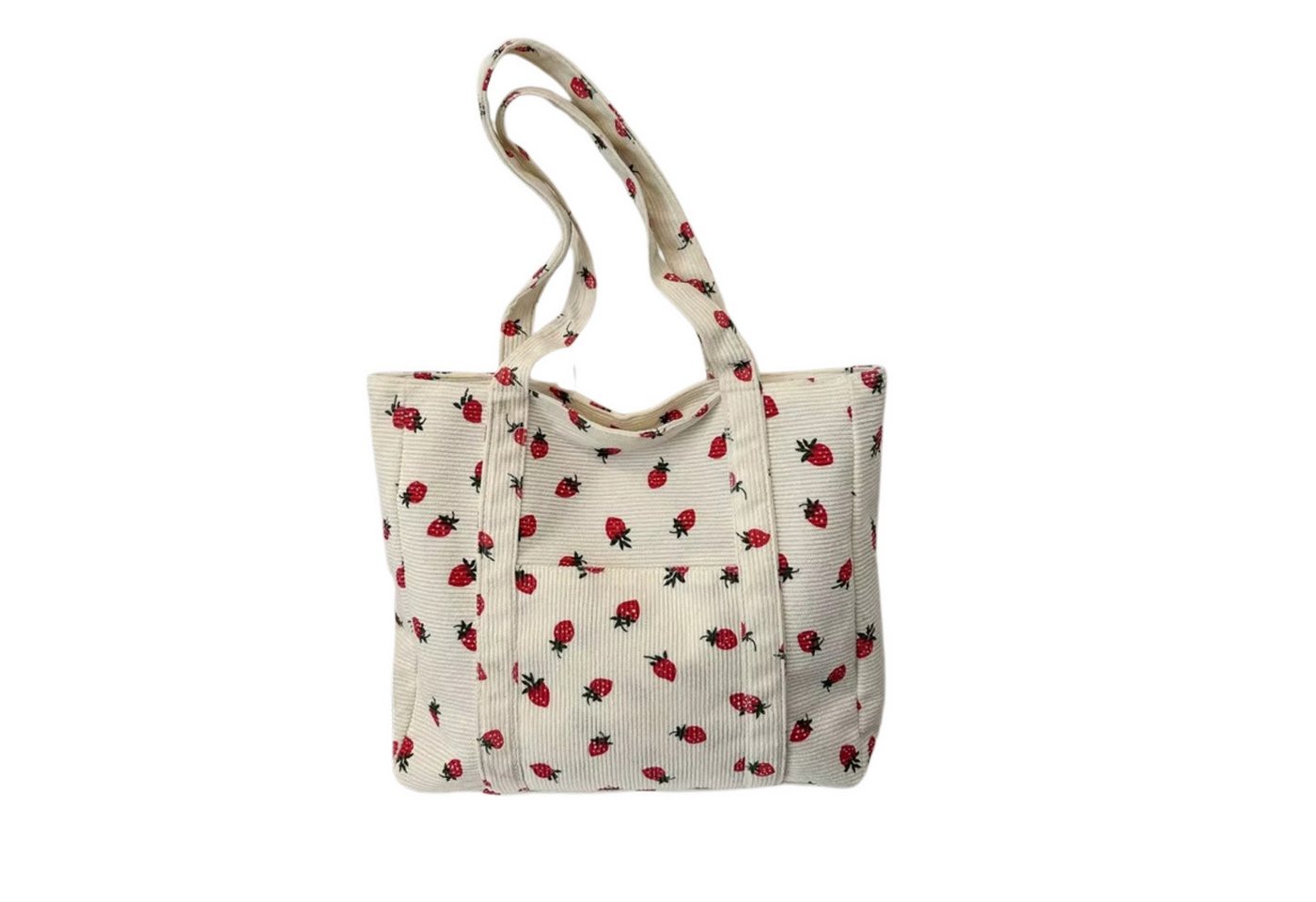 NEXORA Umhängetasche Cord Schultertasche Damen mit Erdbeer-Print Shopper mit Reißverschluss, Schultertasche, Cordtasche, Shopper, Reißverschluss