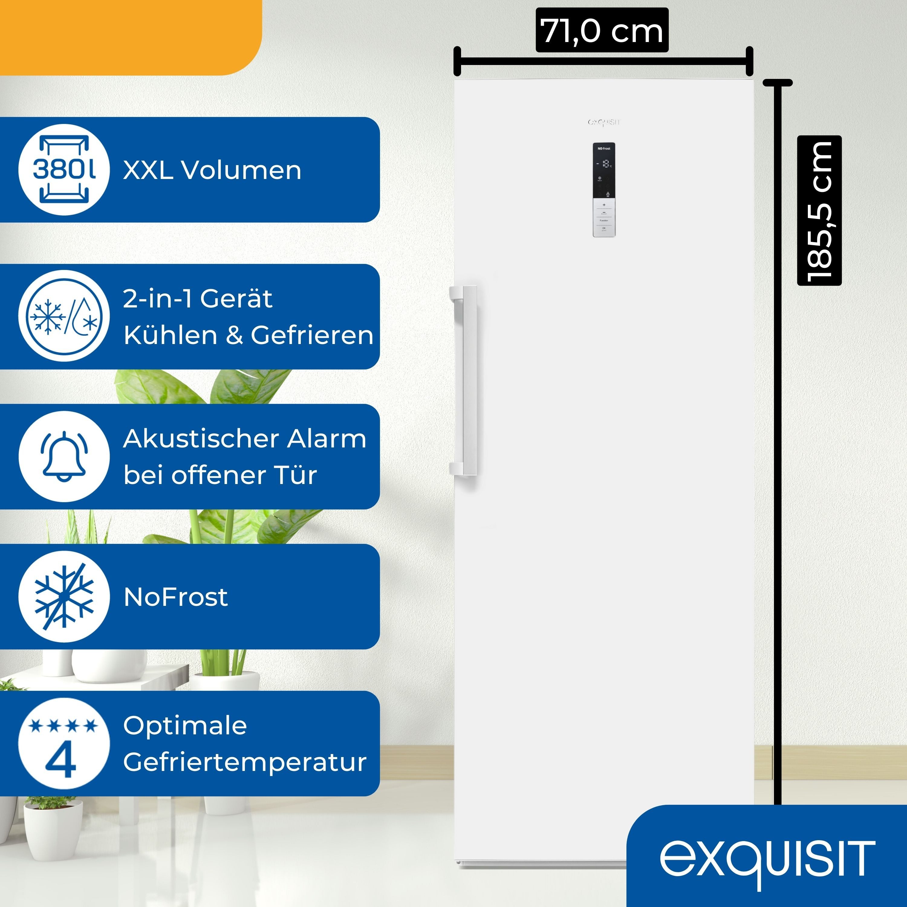 exquisit Gefrierschrank GS5380-NF-H-050D, 1855 cm hoch, 710 cm breit, NoFrost, 4-Sterne-Gefrieren, Alarm, Schnellkühlen, Schnellgefrieren