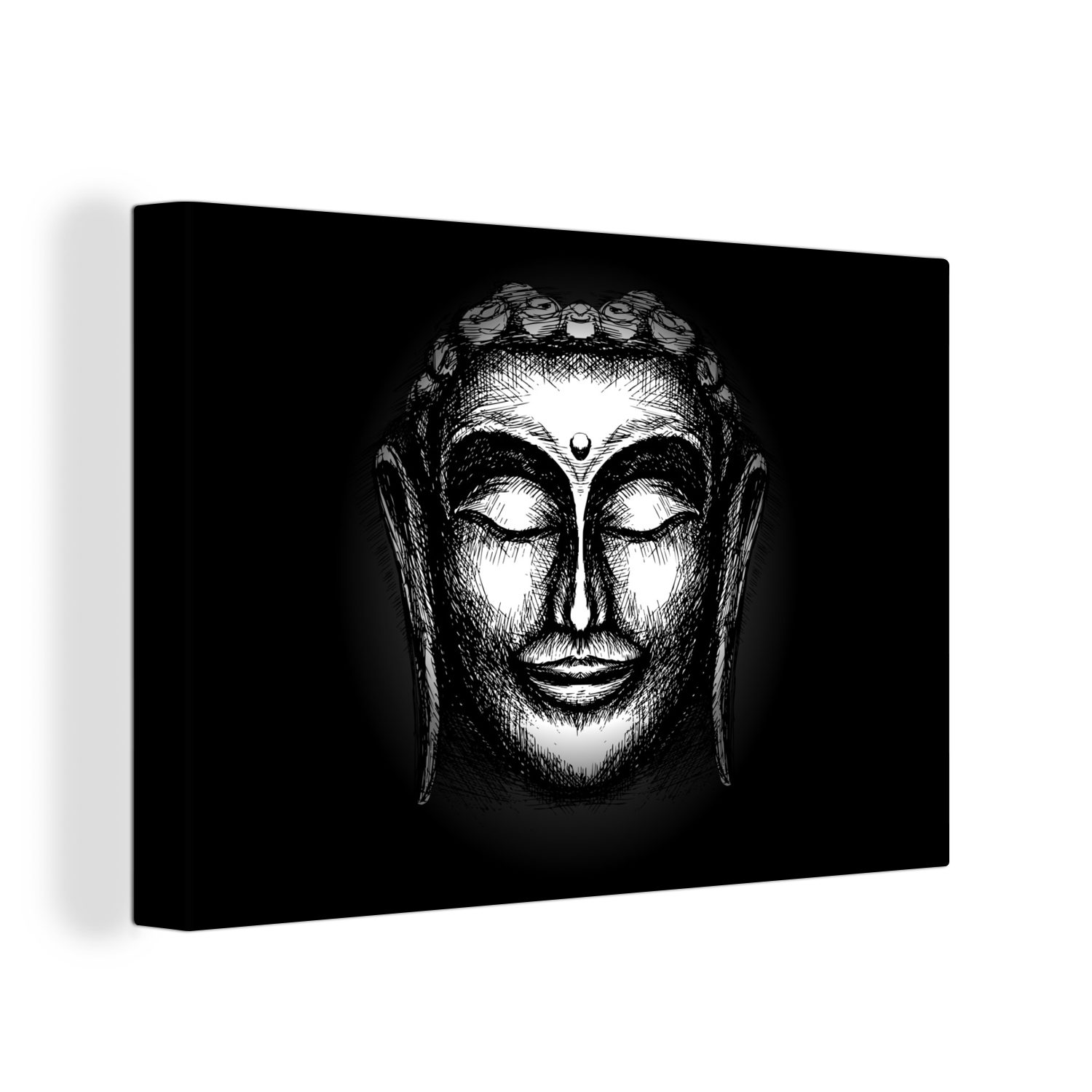 OneMillionCanvasses® Leinwandbild Buddha - Gesicht - Silber, (1 St), Wandbild Leinwandbilder, Aufhängefertig, Wanddeko, 30x20 cm