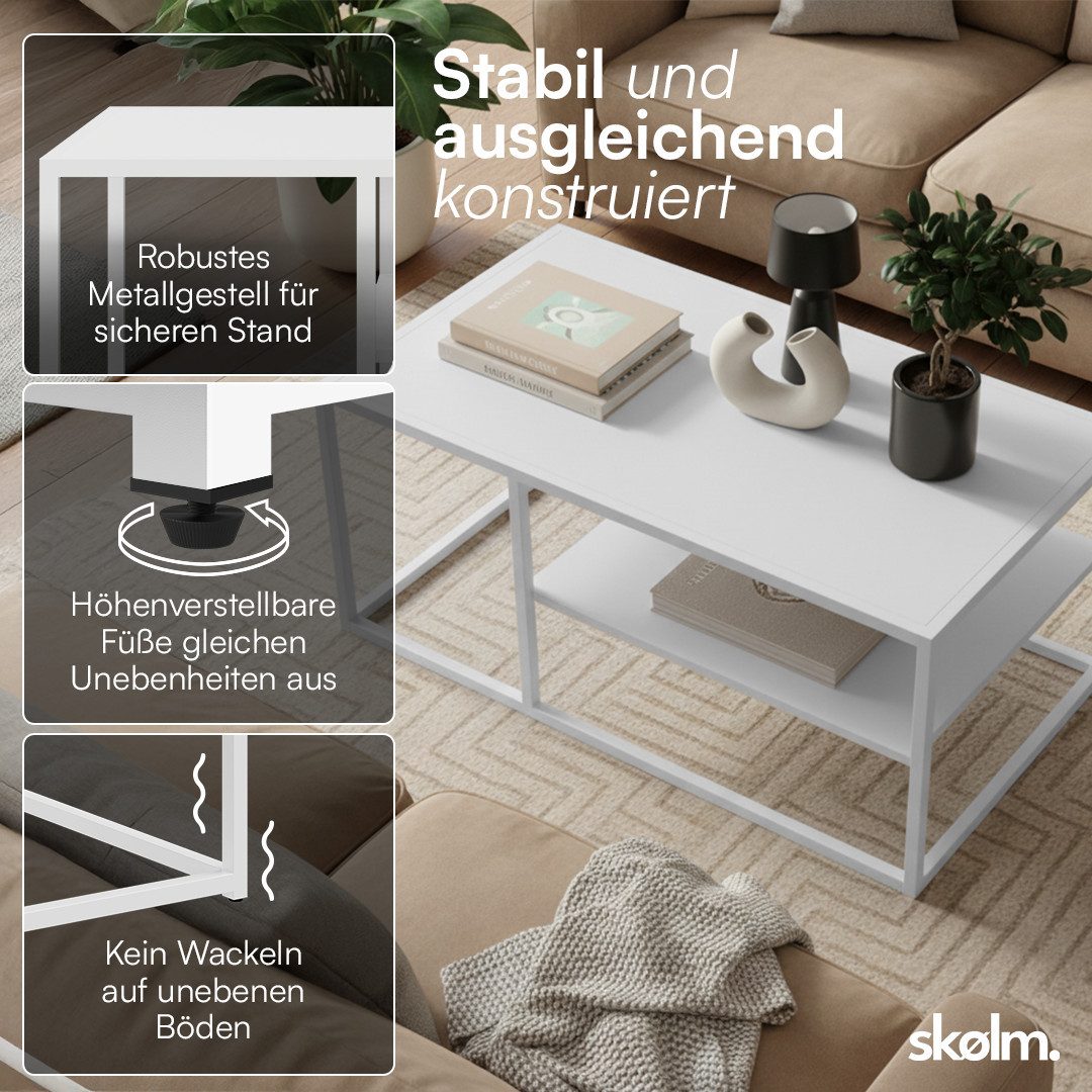 skølm Couchtisch Skadi aus Metall mit 2 Ablagen (Weiß), Wohnzimmertisch mit verstellbaren Füßen, 45x100x60 cm (HxTxB)