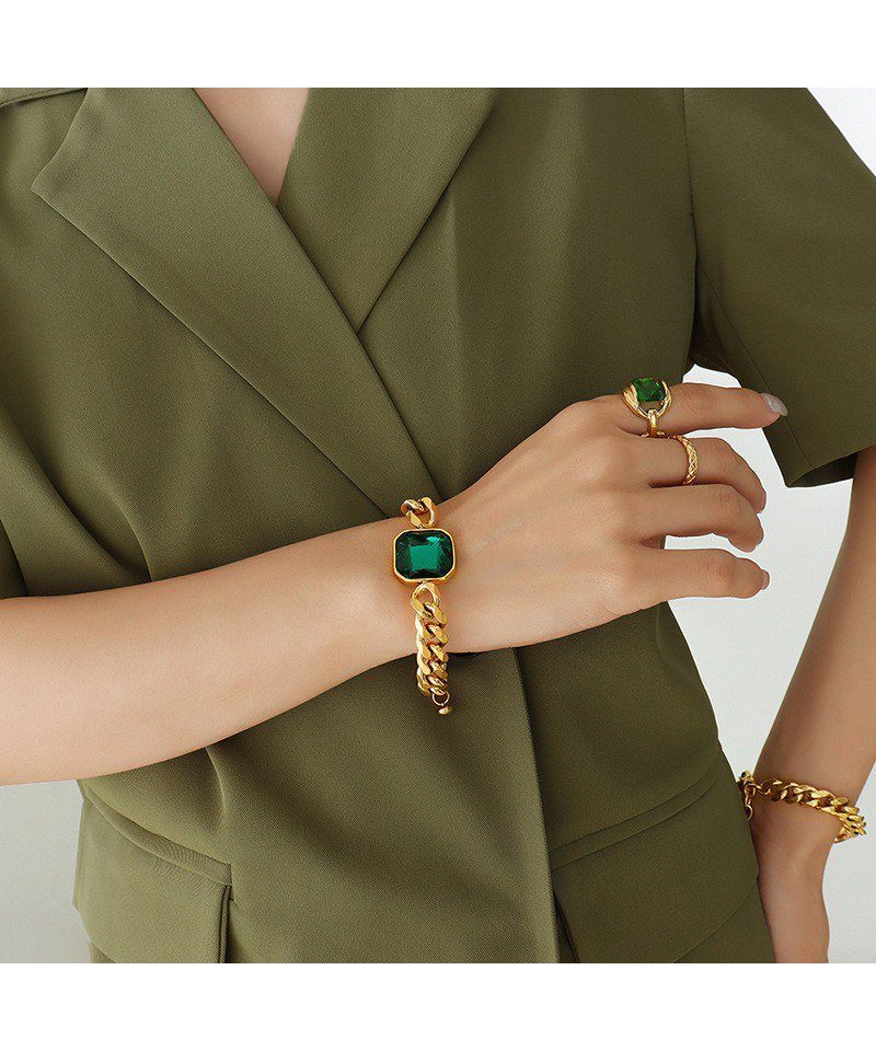 Karisma Schmuck Panzerarmband Damen Titan/Edelstahl Vergoldet 18K Smaragdgrüner Stein BWS500