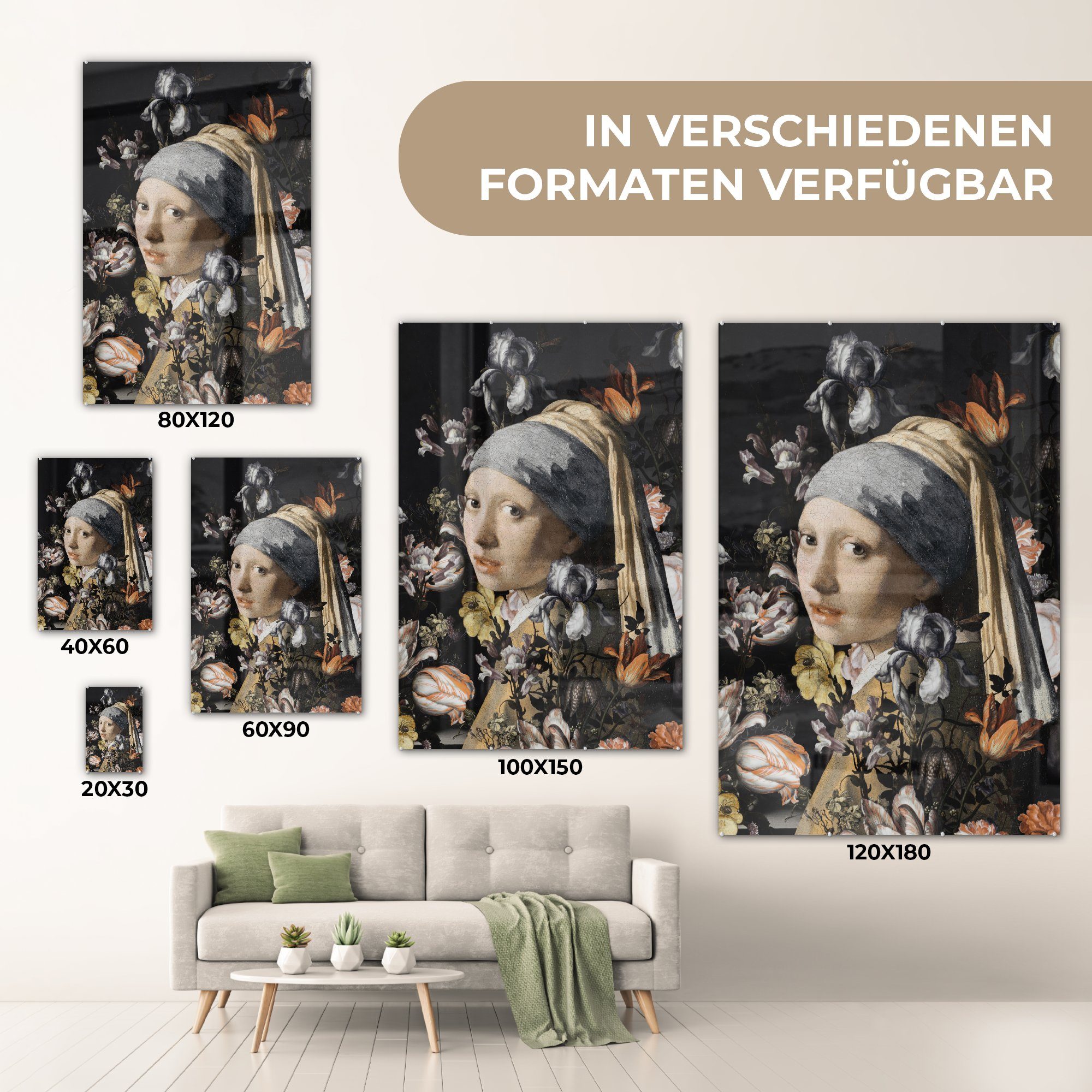 bunt Glas Mädchen Glasbilder - Wandbild Johannes Perlenohrring - - Wanddekoration auf Blumen, (1 Vermeer - - dem Foto Das Glas auf St), Bilder MuchoWow mit Acrylglasbild